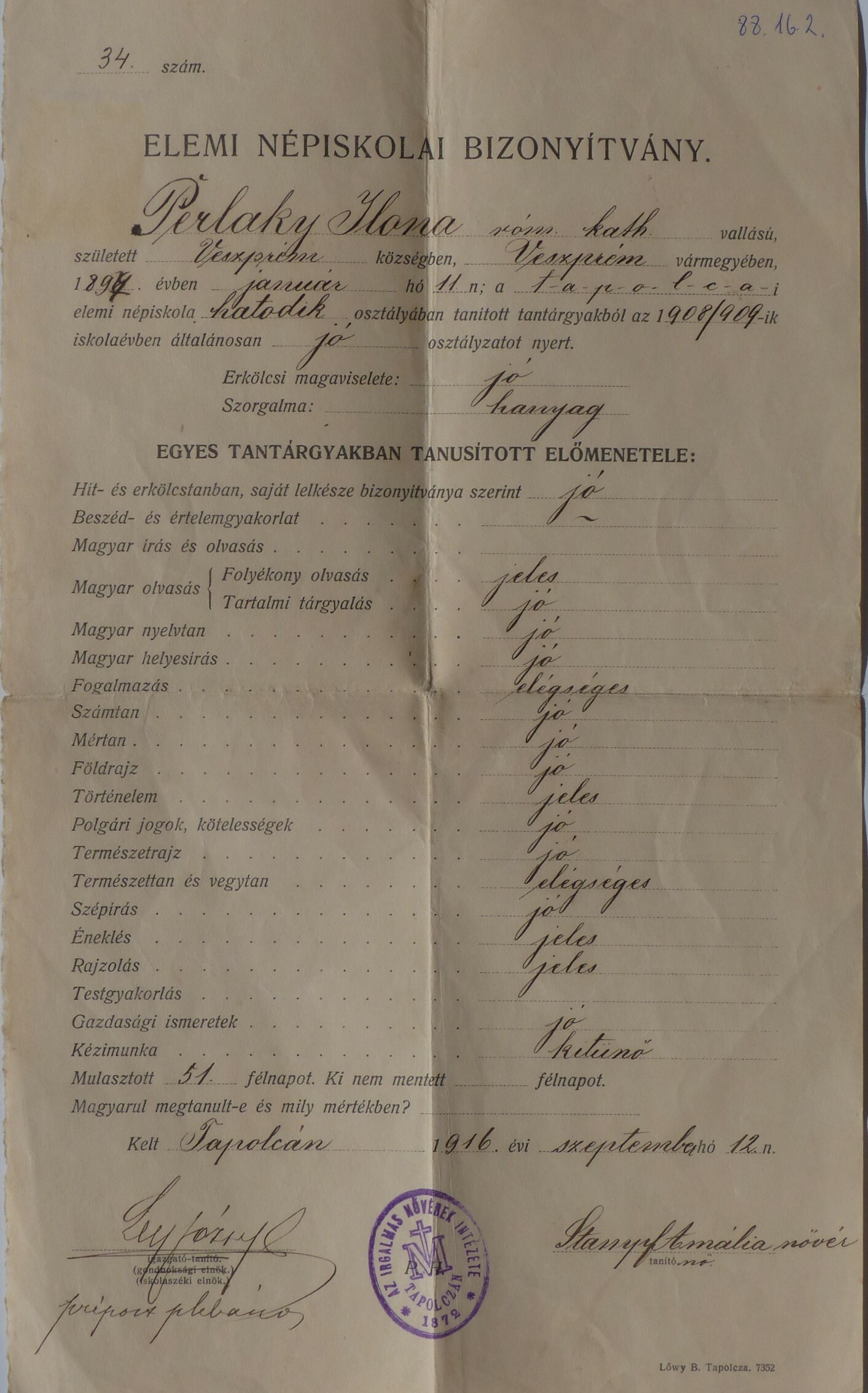 Elemi népiskolai bizonyítvány másolata Tapolcáról (Tapolcai Városi Múzeum CC BY-NC-SA)