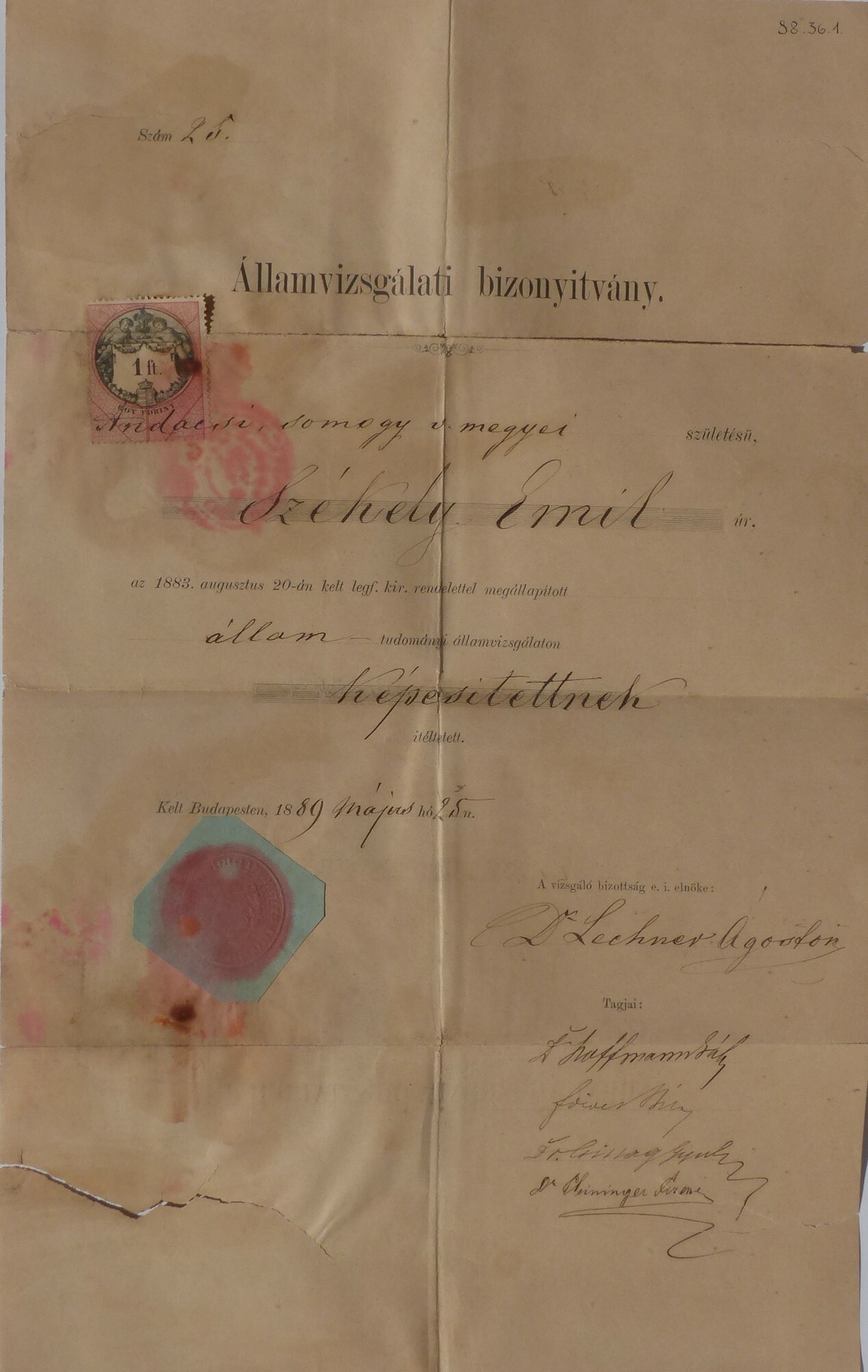 Államvizsga bizonyítvány a Budapestről 1889 (Tapolcai Városi Múzeum CC BY-NC-SA)