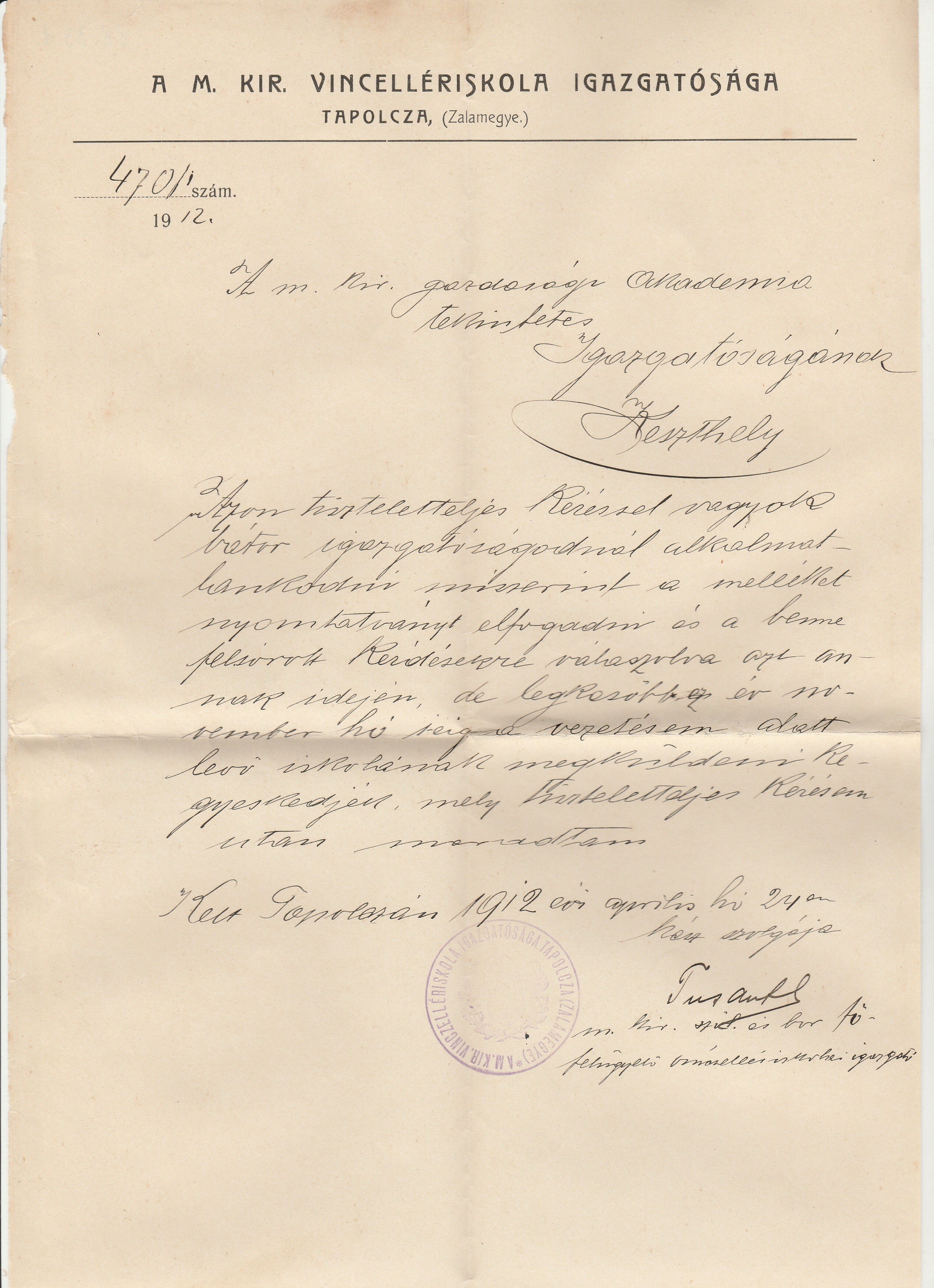 A tapolcai vincellériskola kísérőlevele egy kérdőívhez (Tapolcai Városi Múzeum CC BY-NC-SA)
