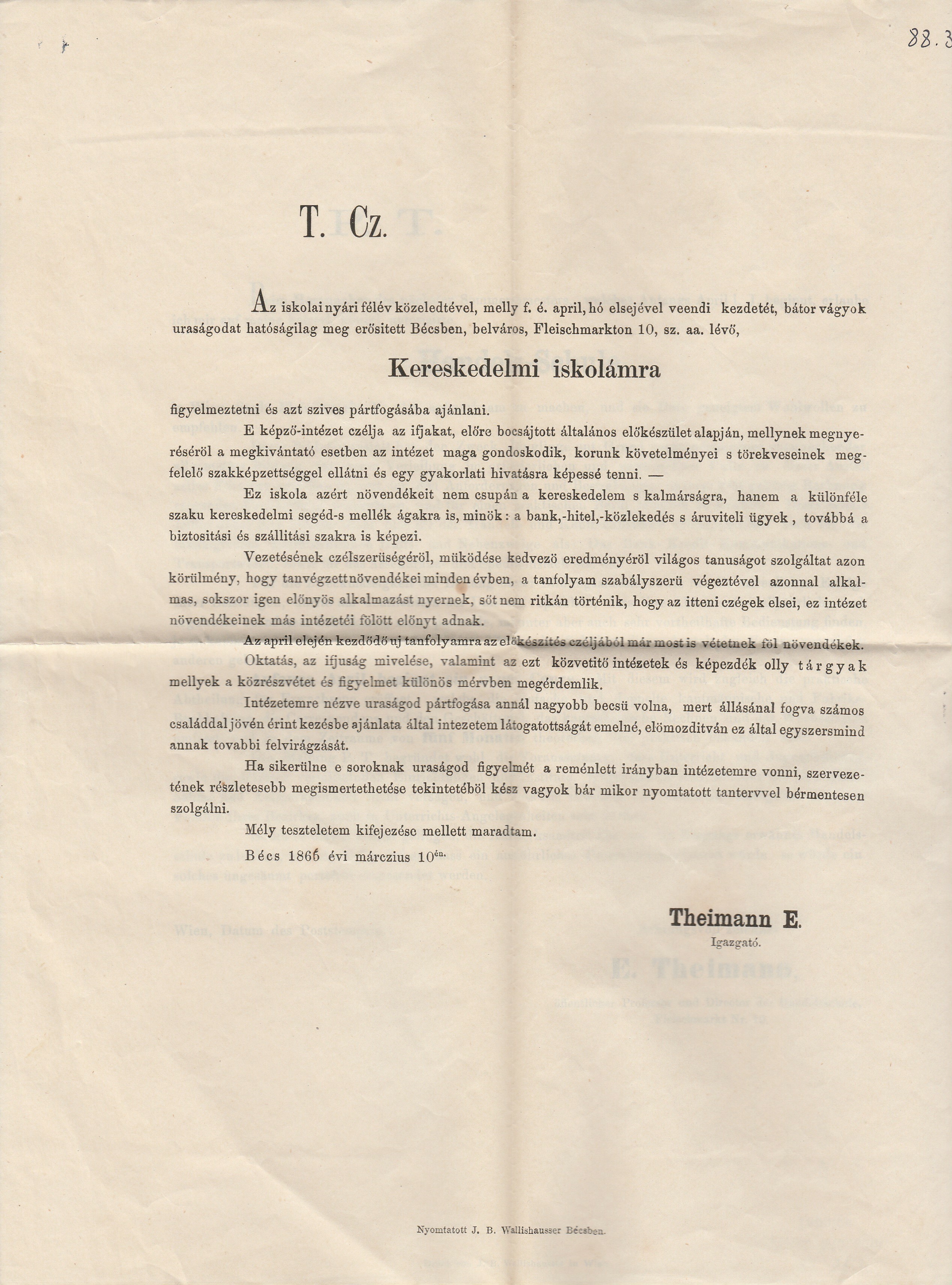 E. Theimann tájékoztatója kereskedelmi iskolájáról (Tapolcai Városi Múzeum CC BY-NC-SA)