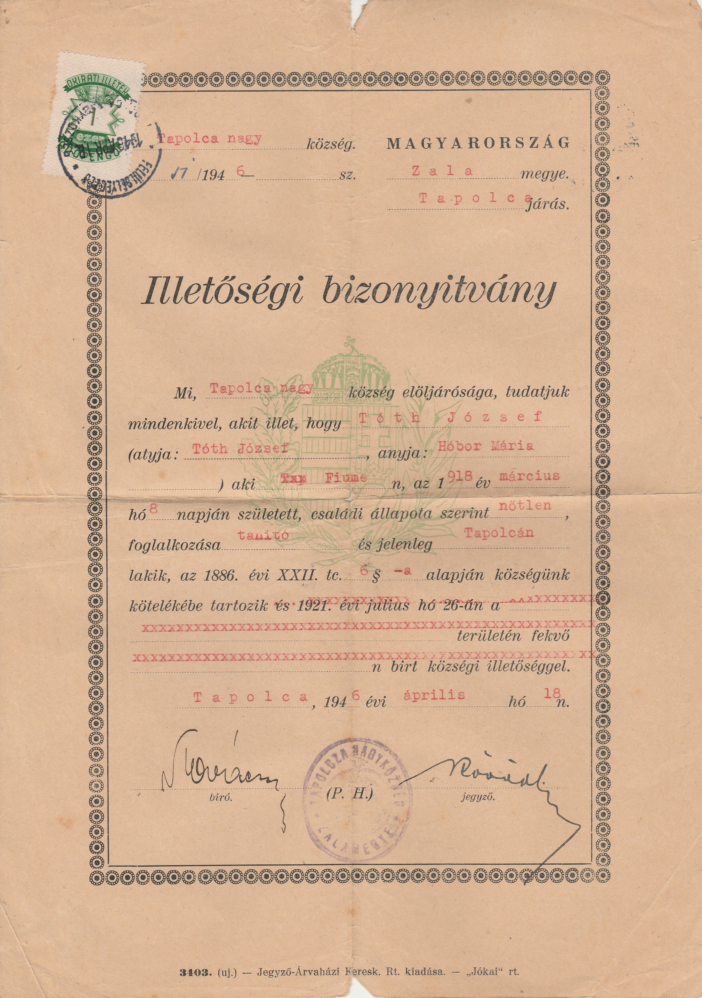 Illetőségi bizonyítvány Tapolcáról (Tapolcai Városi Múzeum CC BY-NC-SA)