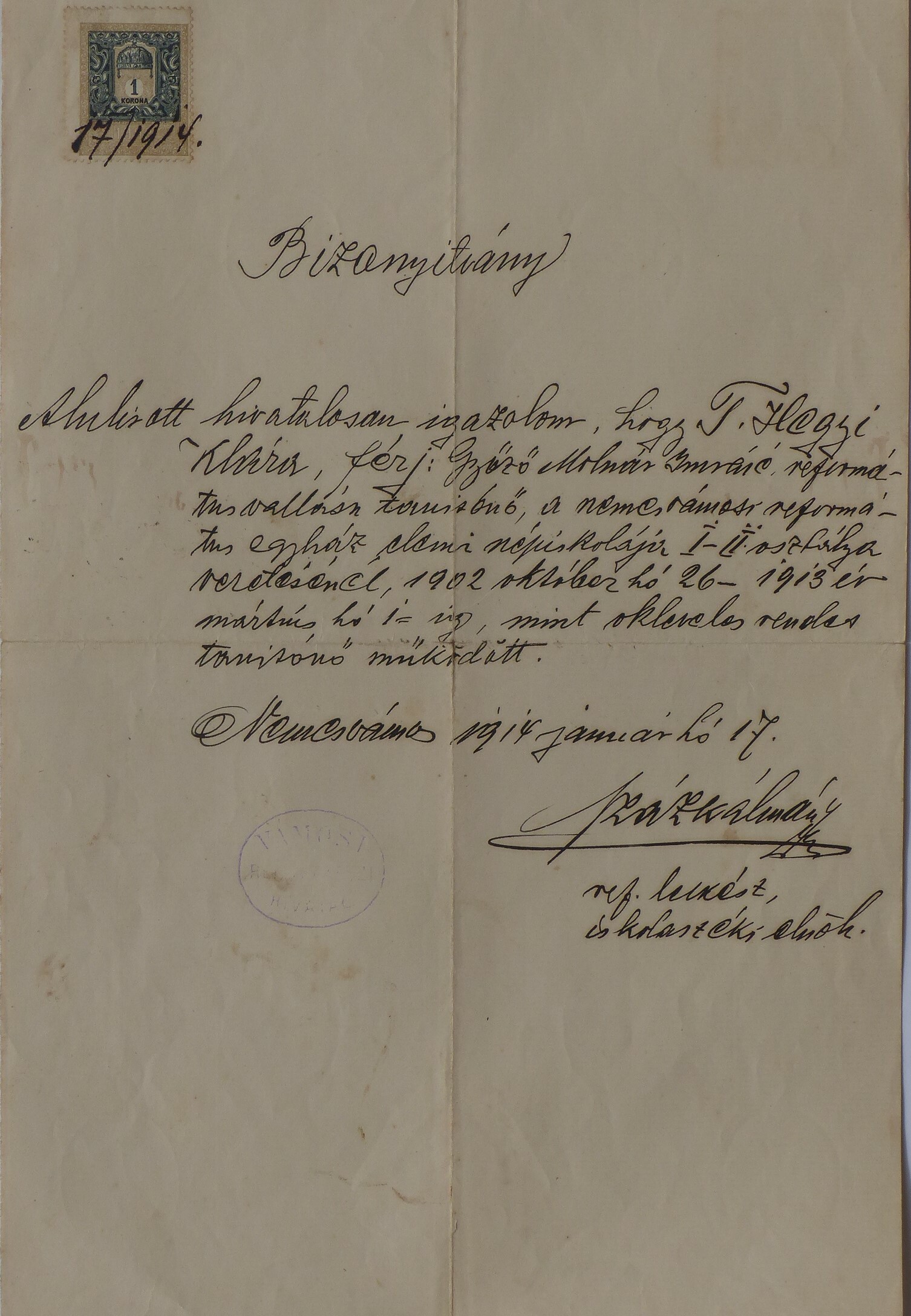 Tanítói szolgálati bizonyítvány Nemesvámosról 1914 (Tapolcai Városi Múzeum CC BY-NC-SA)