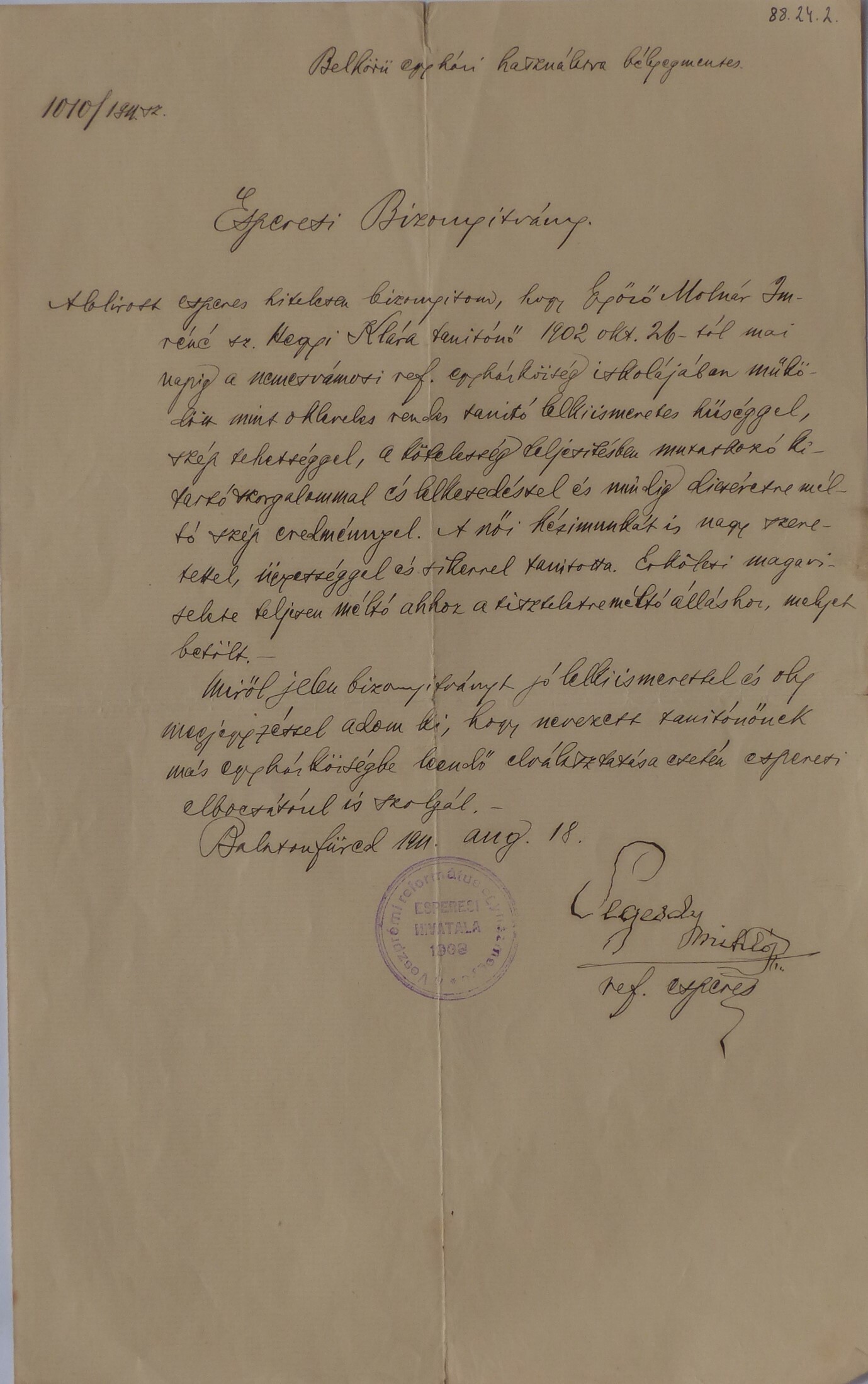 Hegyi Klára tanítói szolgálati bizonyítványa Nemesvámosról (Tapolcai Városi Múzeum CC BY-NC-SA)