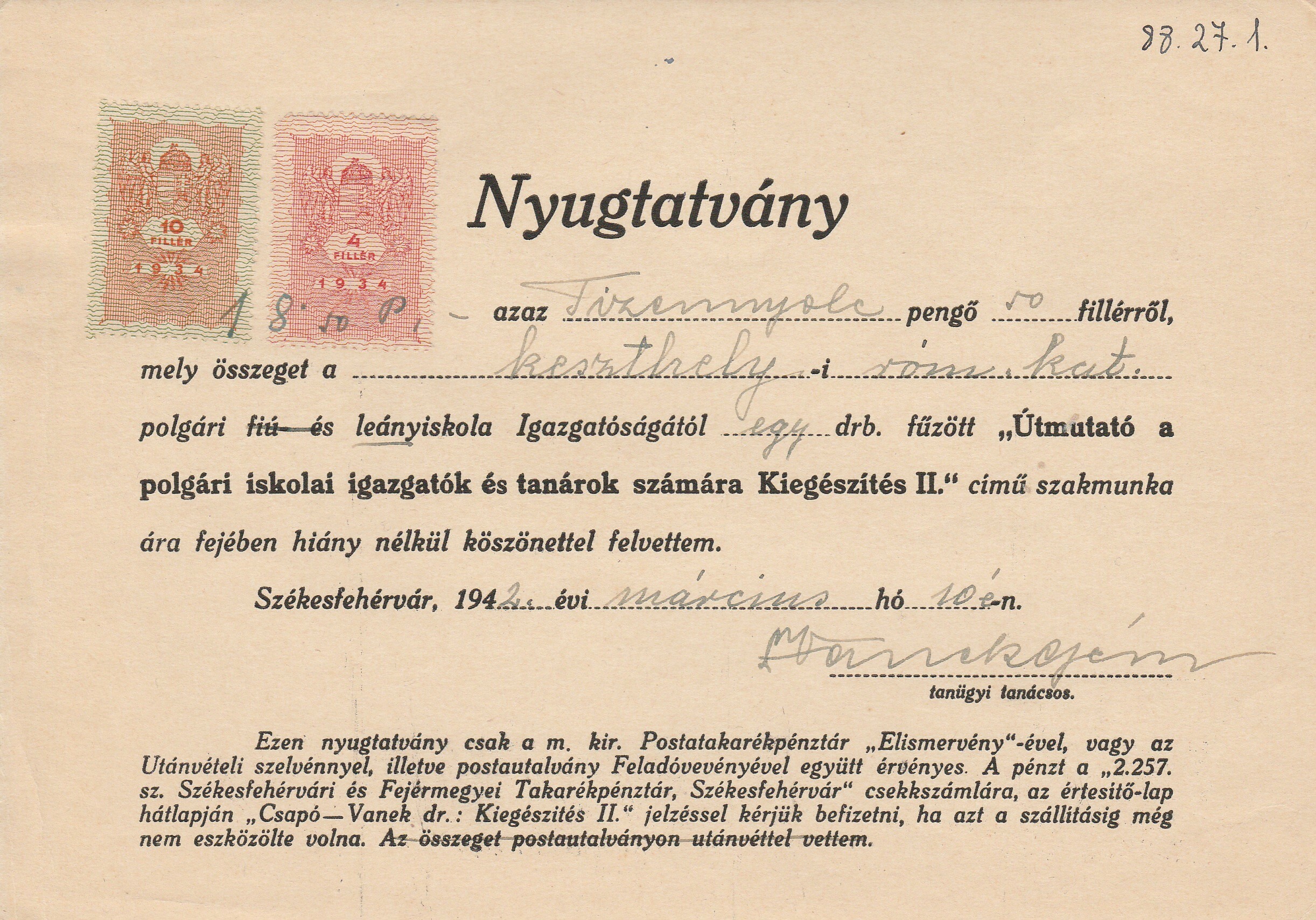 Nyugta könyv árának átvételéről (Tapolcai Városi Múzeum CC BY-NC-SA)
