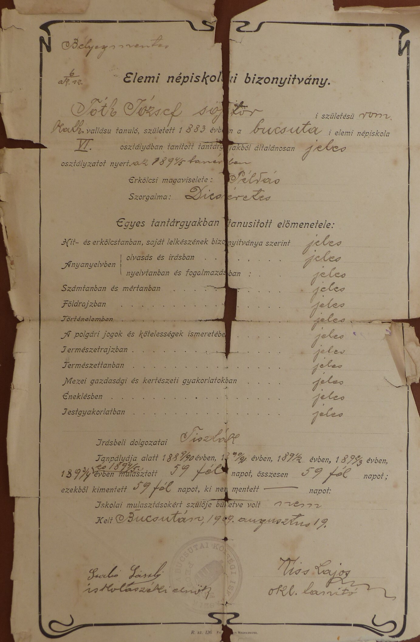 Elemi népiskolai bizonyítvány Bucsutáról (Tapolcai Városi Múzeum CC BY-NC-SA)