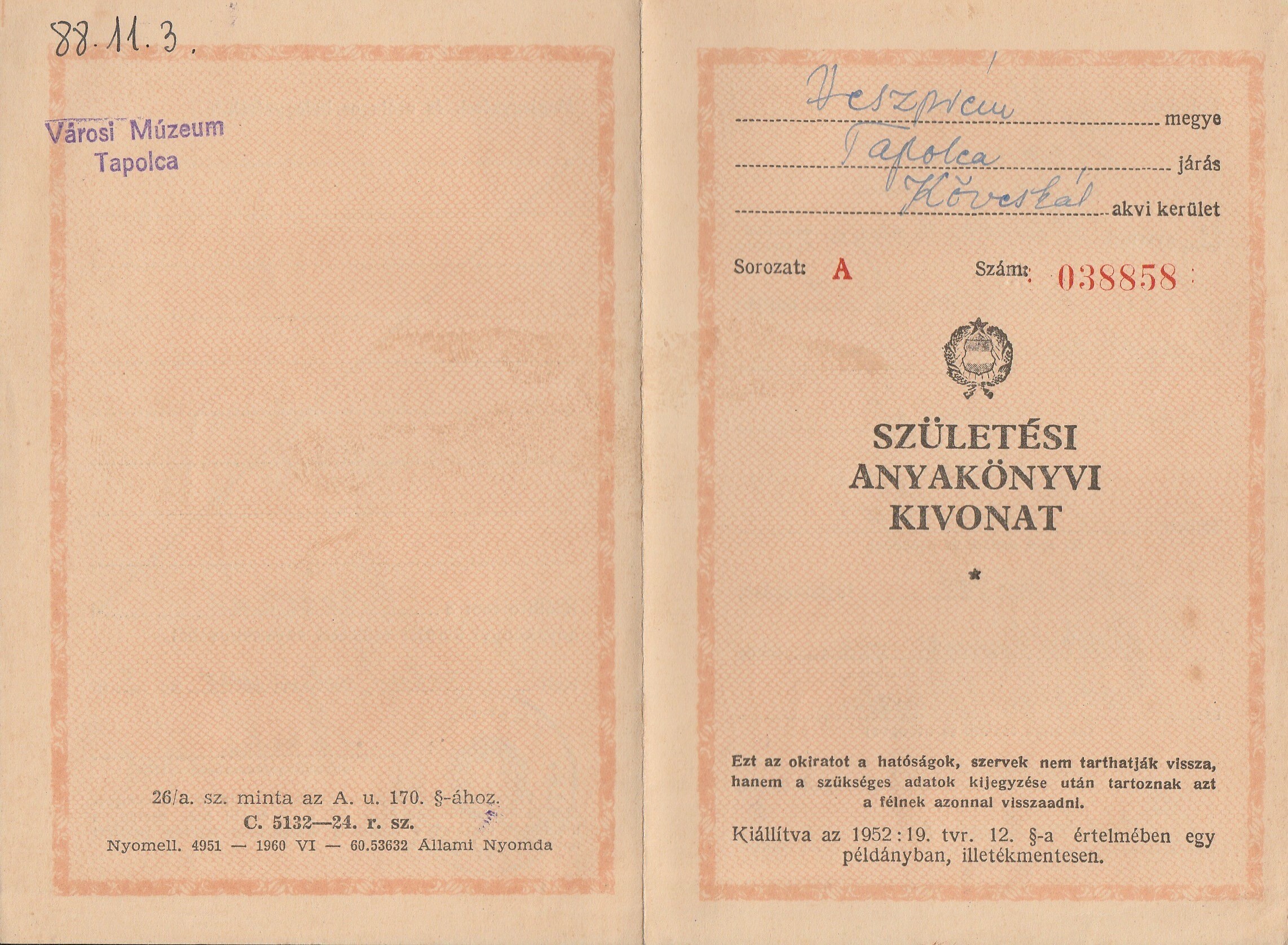 Hegyi Lajos tanító születési anyakönyvi kivonata (Tapolcai Városi Múzeum CC BY-NC-SA)