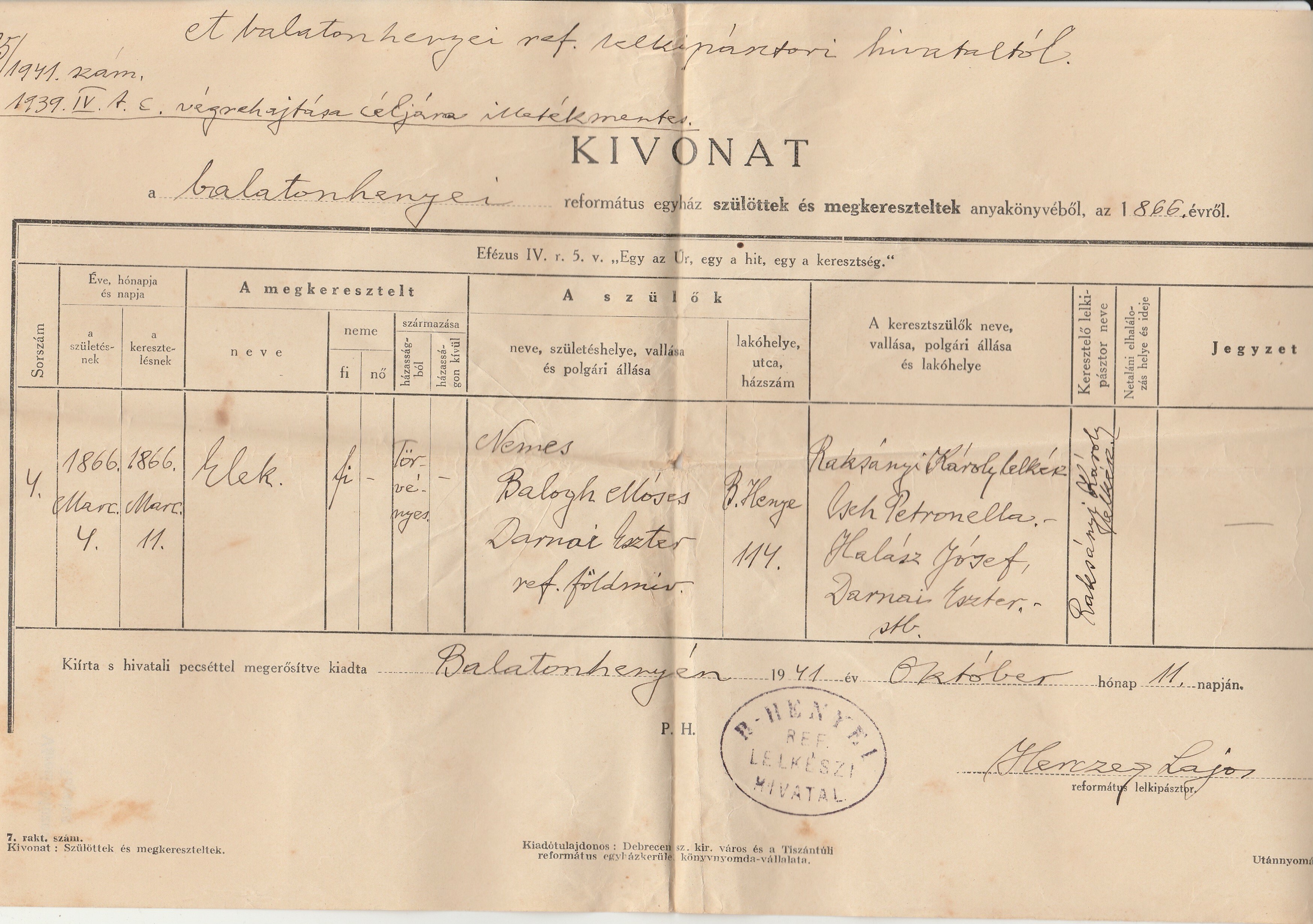 Születési anyakönyvi kivonat Balatonhenyéről 1941 (Tapolcai Városi Múzeum CC BY-NC-SA)