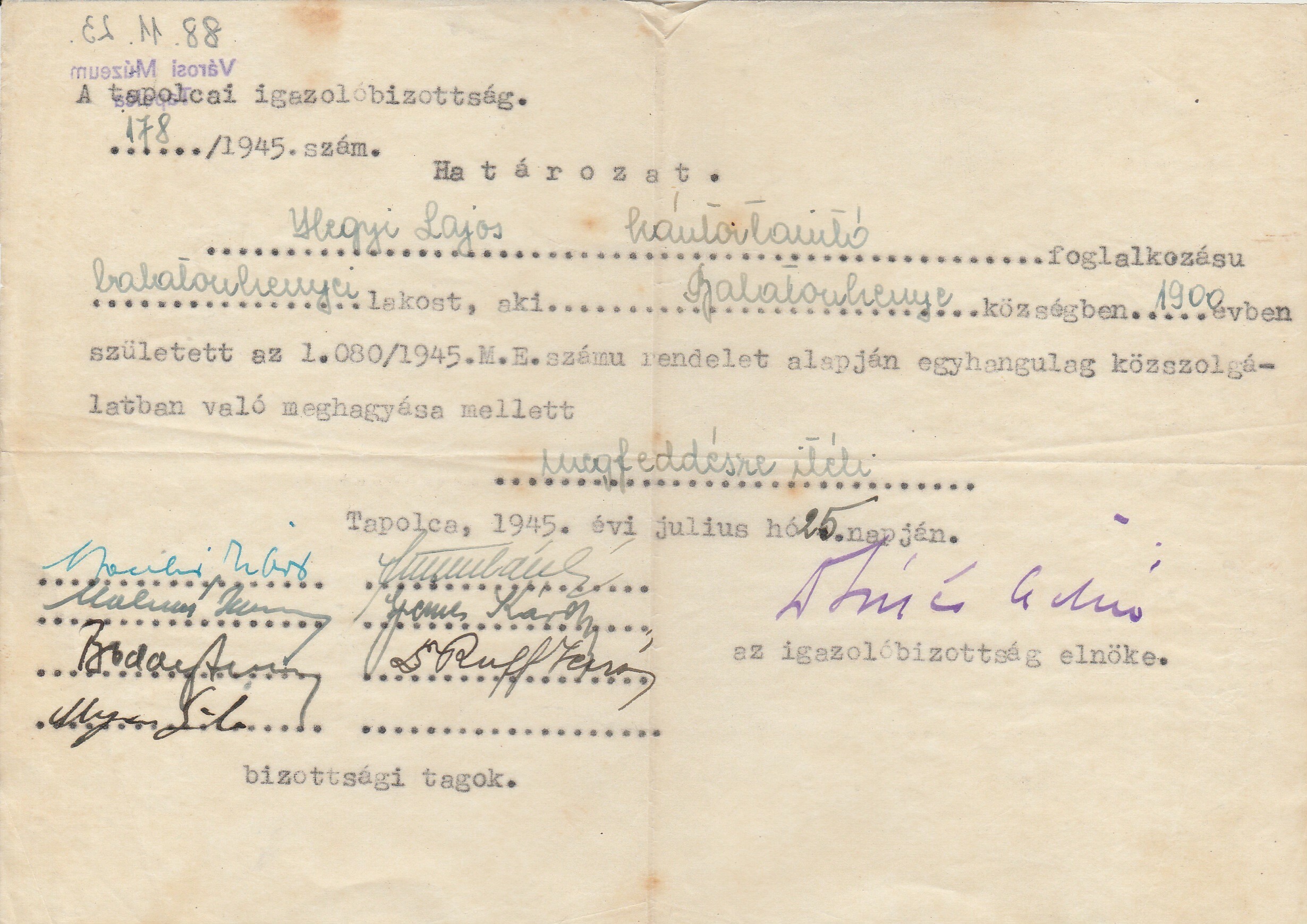 Igazolóbizottsági határozat Tapolcáról 1945 (Tapolcai Városi Múzeum CC BY-NC-SA)