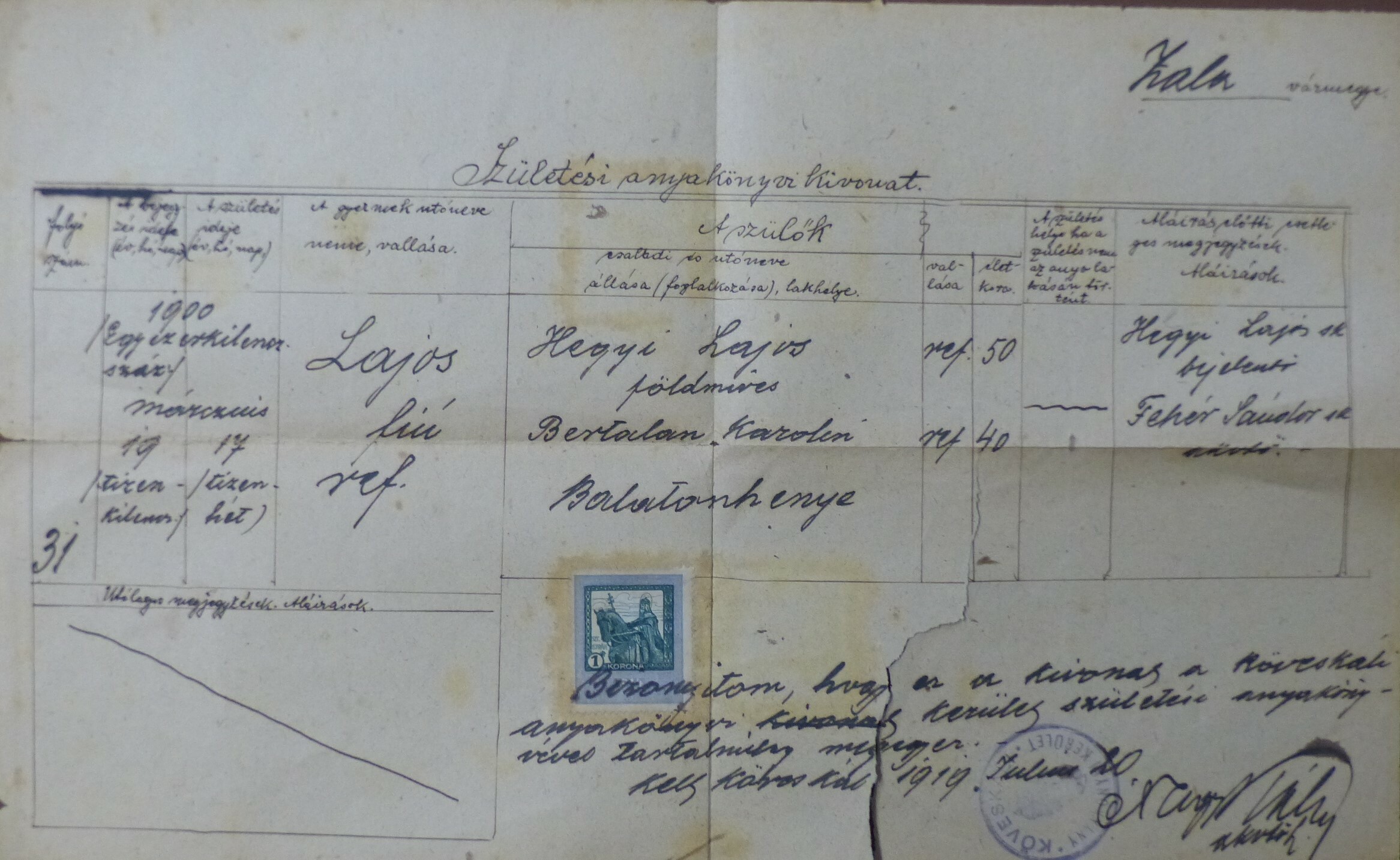 Születési anyakönyvi kivonat 1919 (Tapolcai Városi Múzeum CC BY-NC-SA)