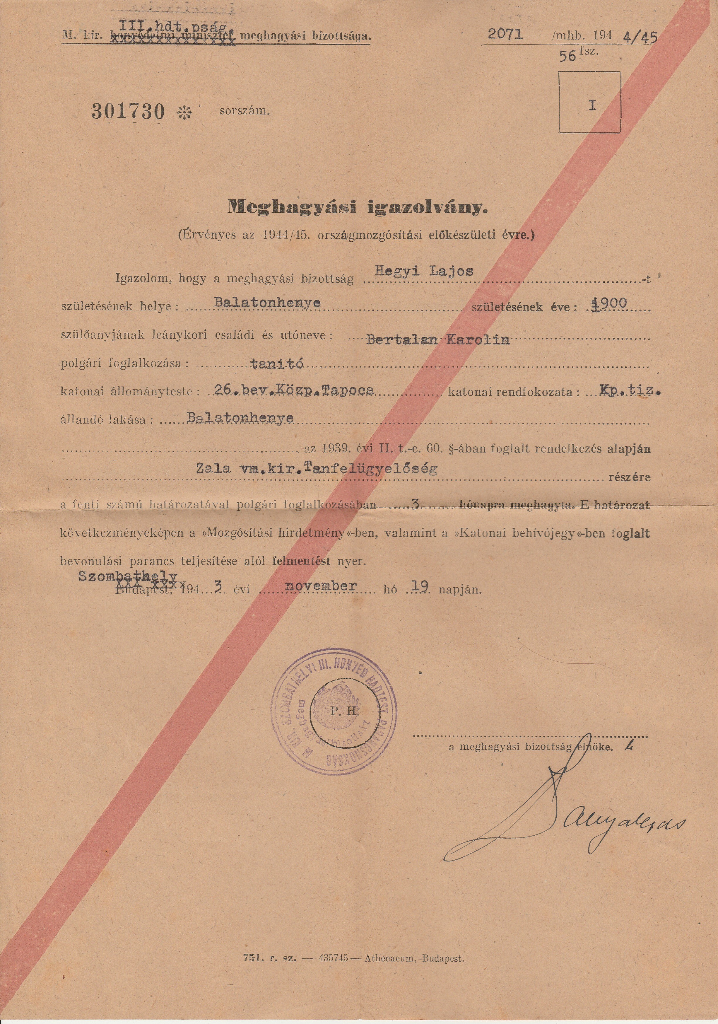 Meghagyási igazolvány a 2. világháborús mozgósítás idejéből (Tapolcai Városi Múzeum CC BY-NC-SA)