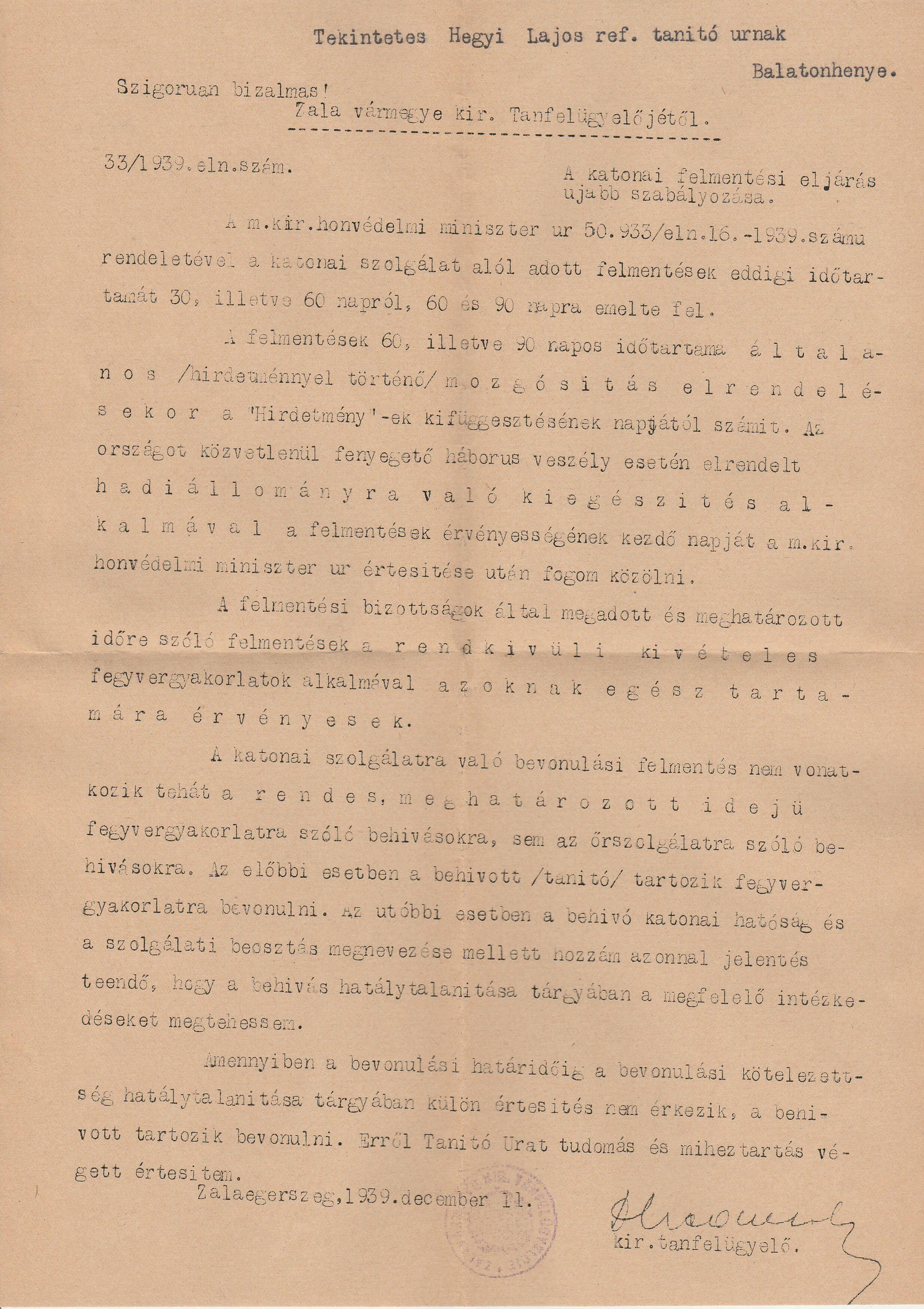 A zalai tanfelügyelő katonai felmentési eljárás szabályozásáról szóló levele (Tapolcai Városi Múzeum CC BY-NC-SA)