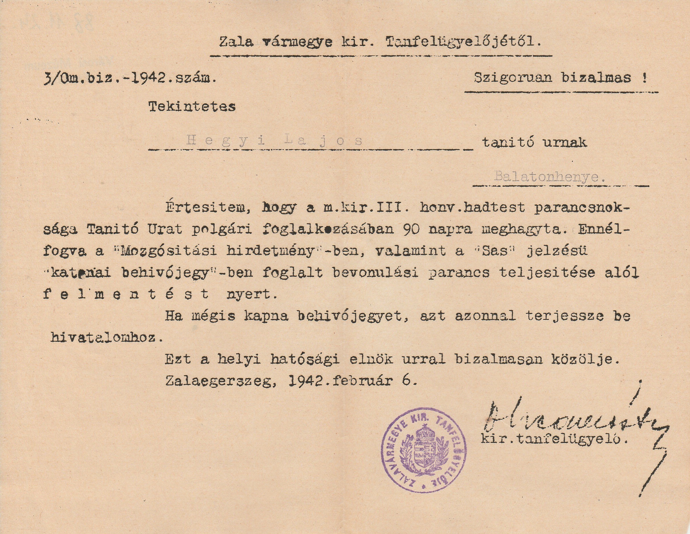 A zalai tanfelügyelő katonai felmentésről szóló levele (Tapolcai Városi Múzeum CC BY-NC-SA)