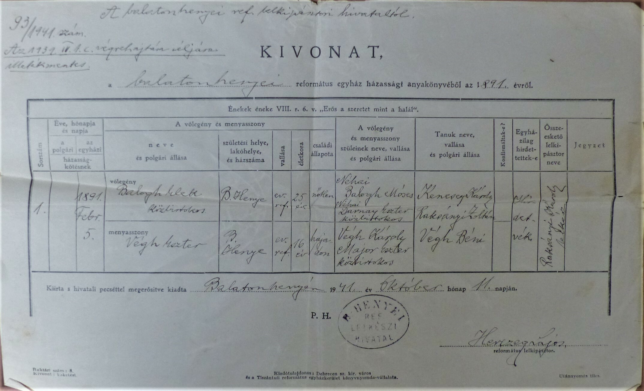 Házassági anyakönyvi kivonat Balatonhenyéről 1891 (Tapolcai Városi Múzeum CC BY-NC-SA)