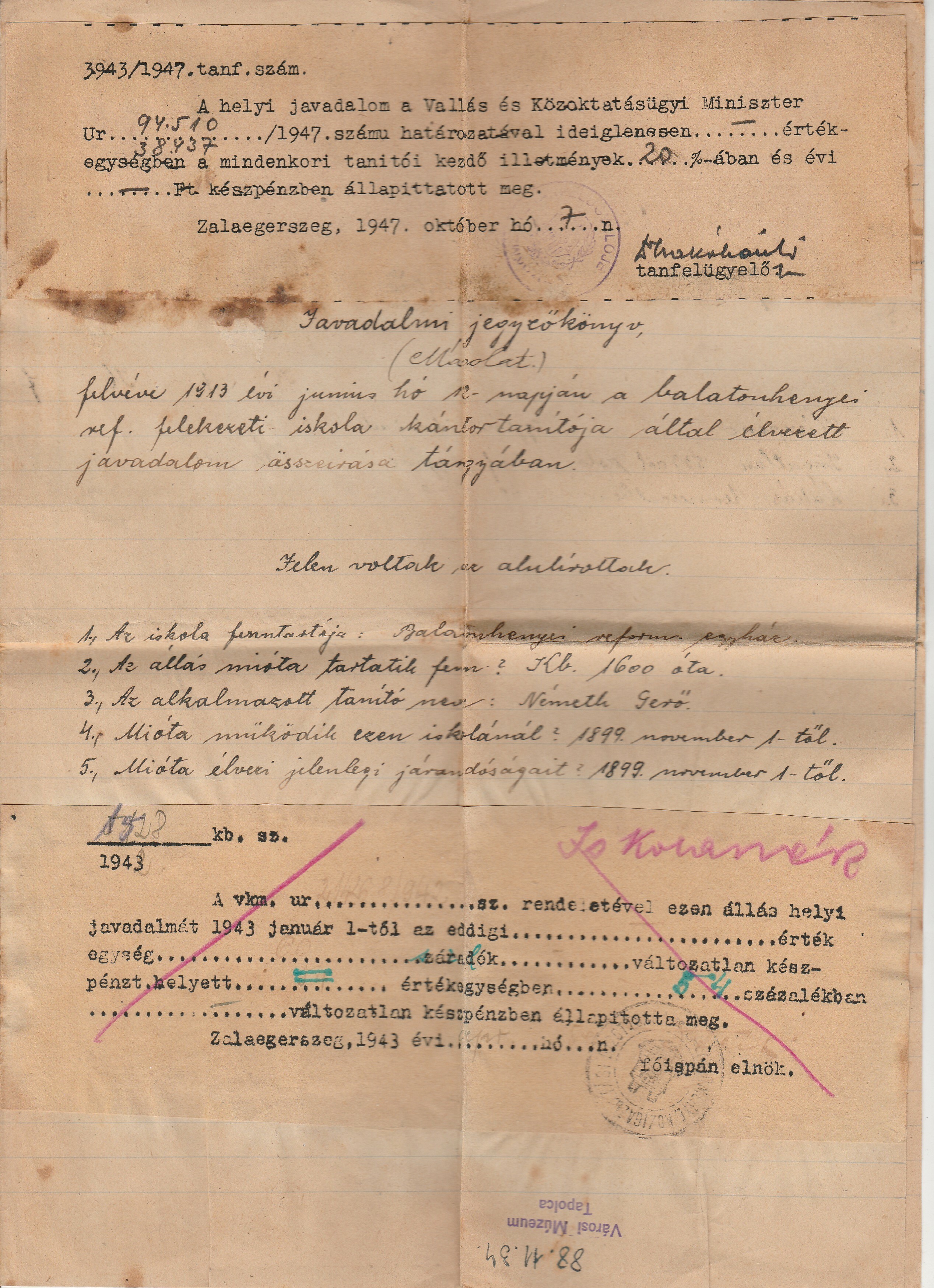 Tanítói javadalmi jegyzőkönyv másolata Balatonhenyéről (Tapolcai Városi Múzeum CC BY-NC-SA)