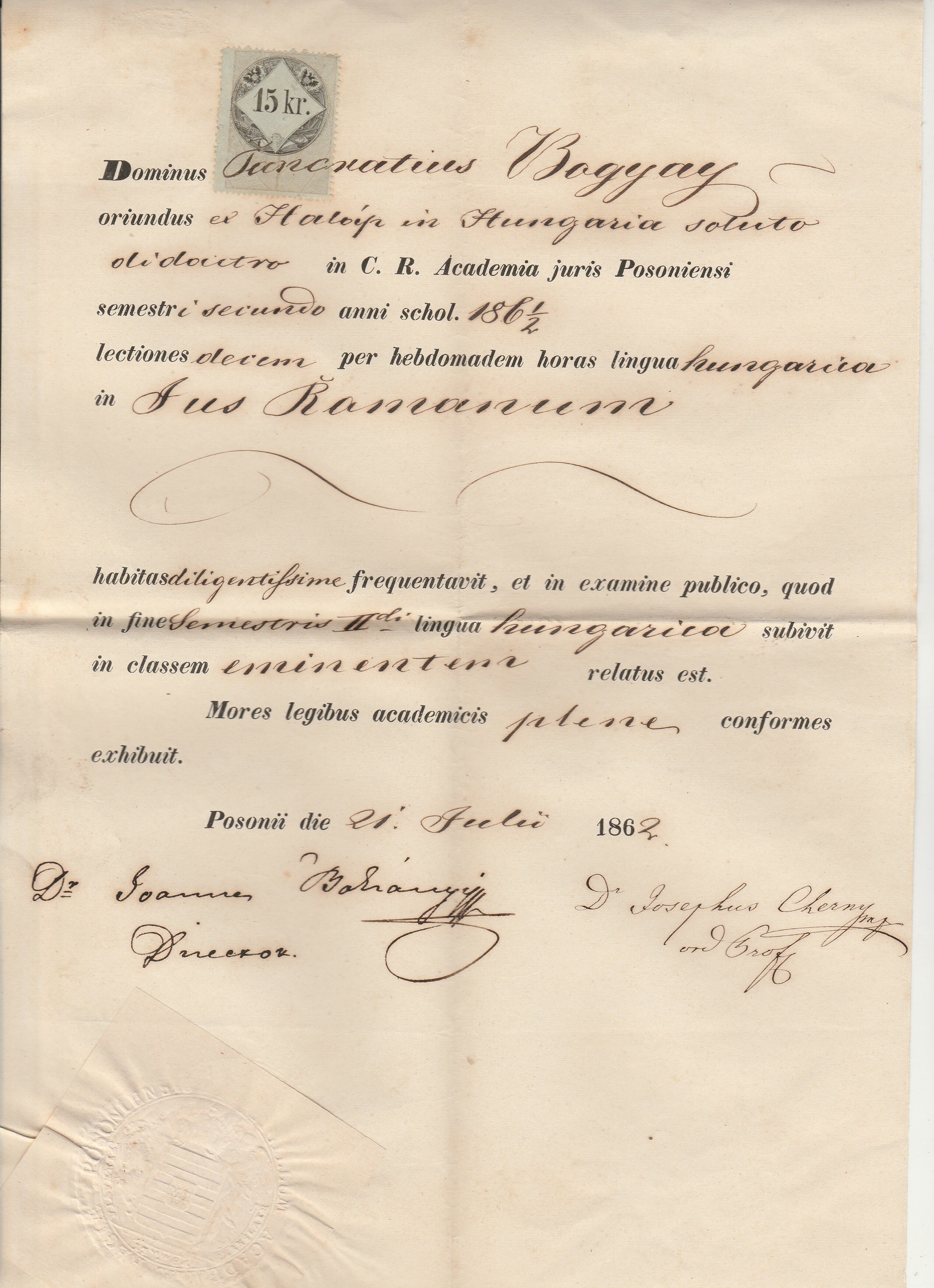 Egyetemi bizonyítvány Pozsonyból 1862 (Tapolcai Városi Múzeum CC BY-NC-SA)
