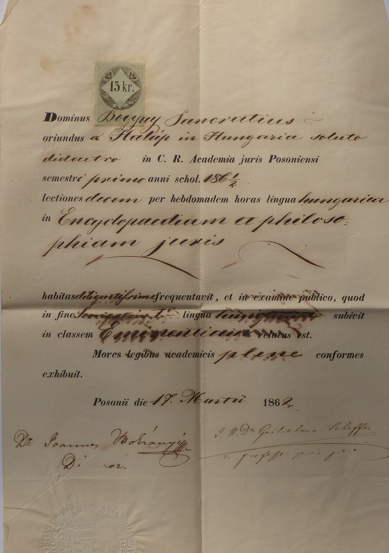 Jogakadémiai bizonyítvány Pozsonyból 1862 (Tapolcai Városi Múzeum CC BY-NC-SA)