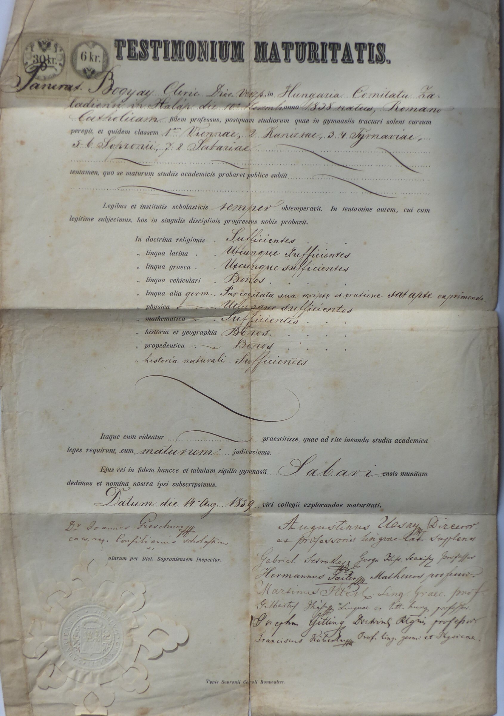 Érettségi bizonyítvány Szombathelyről 1859 (Tapolcai Városi Múzeum CC BY-NC-SA)