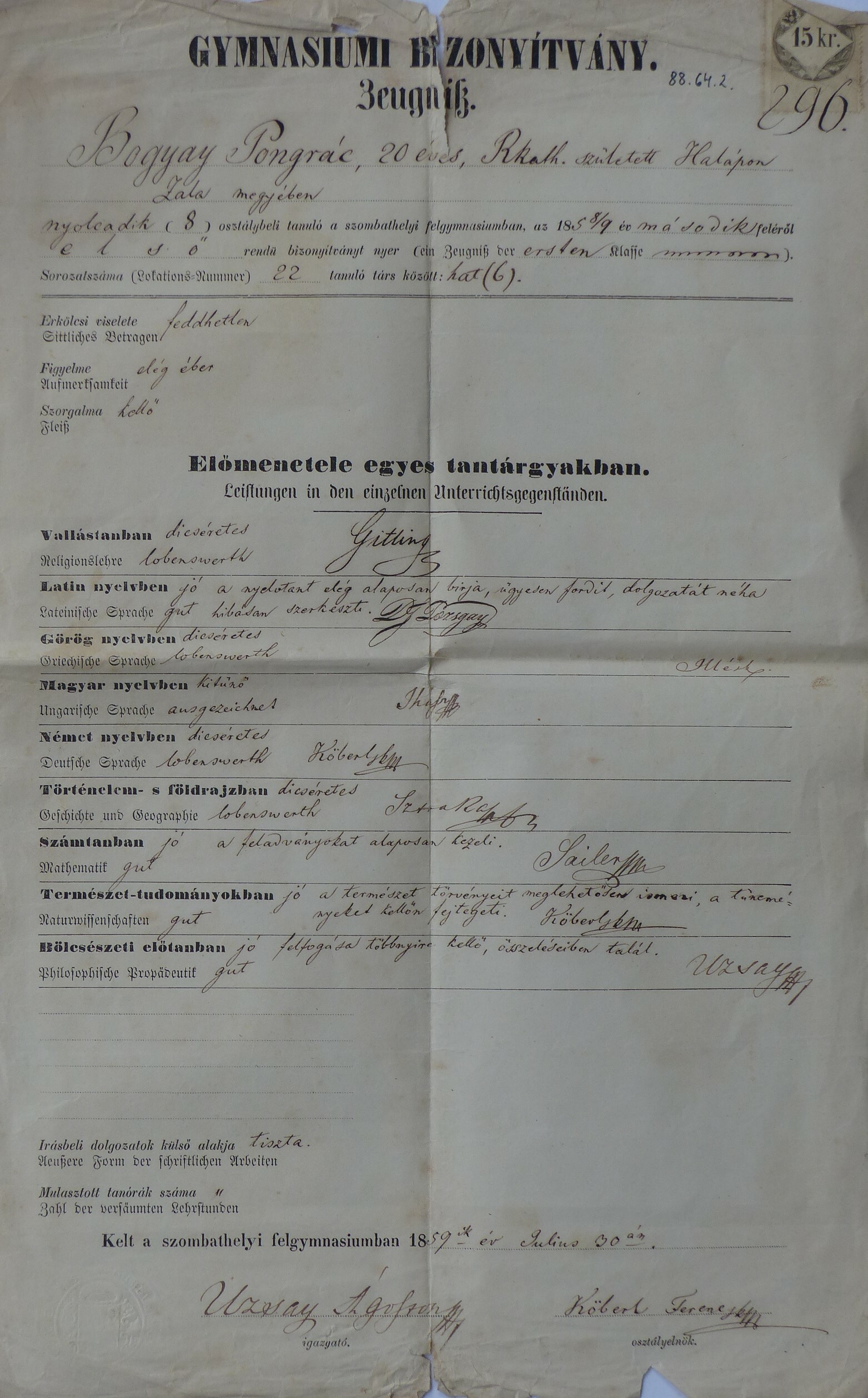 Gimnáziumi bizonyítvány Szombathelyről 1859 (Tapolcai Városi Múzeum CC BY-NC-SA)