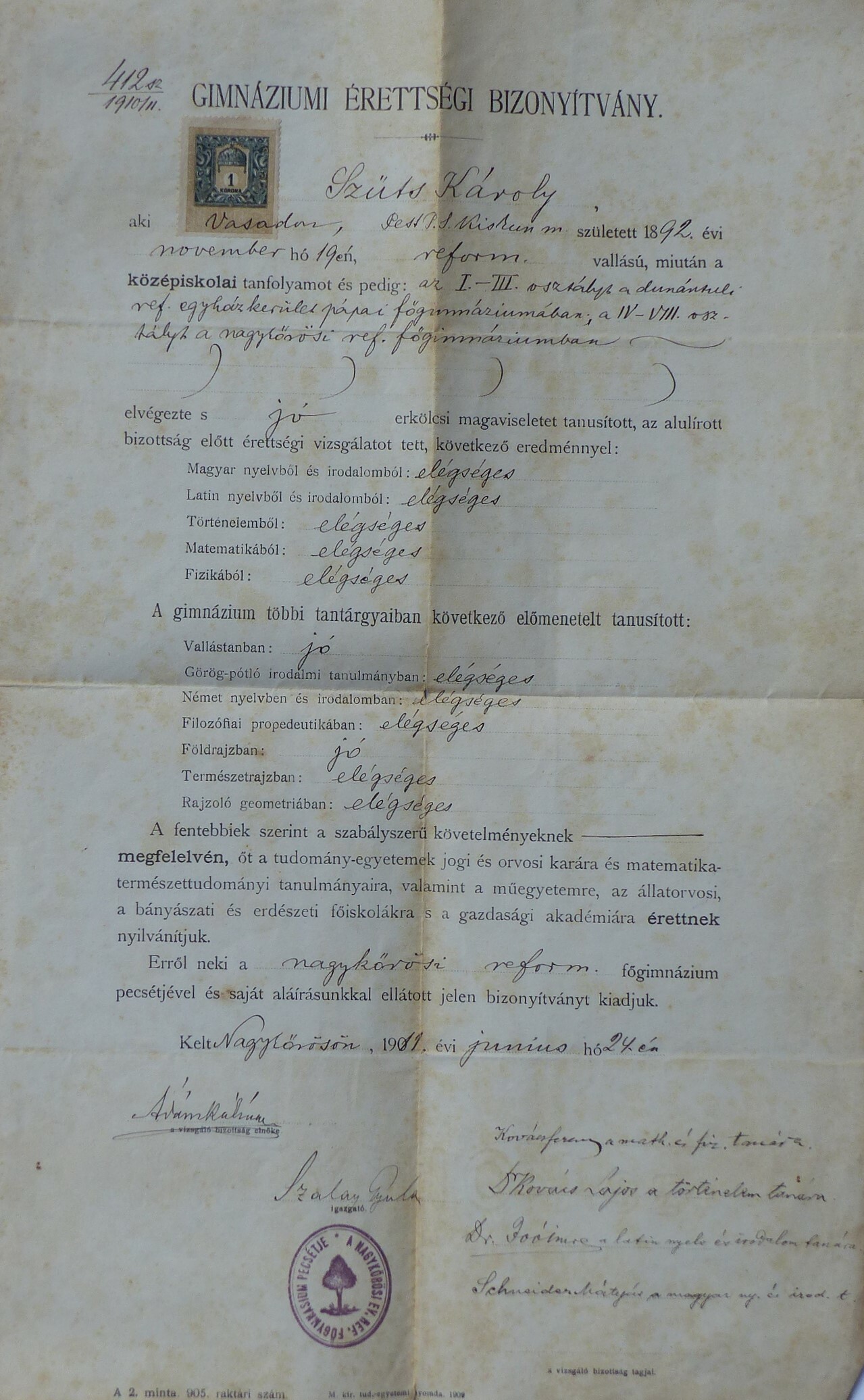Gimnáziumi érettségi bizonyítvány Nagykőrösről 1912 (Tapolcai Városi Múzeum CC BY-NC-SA)