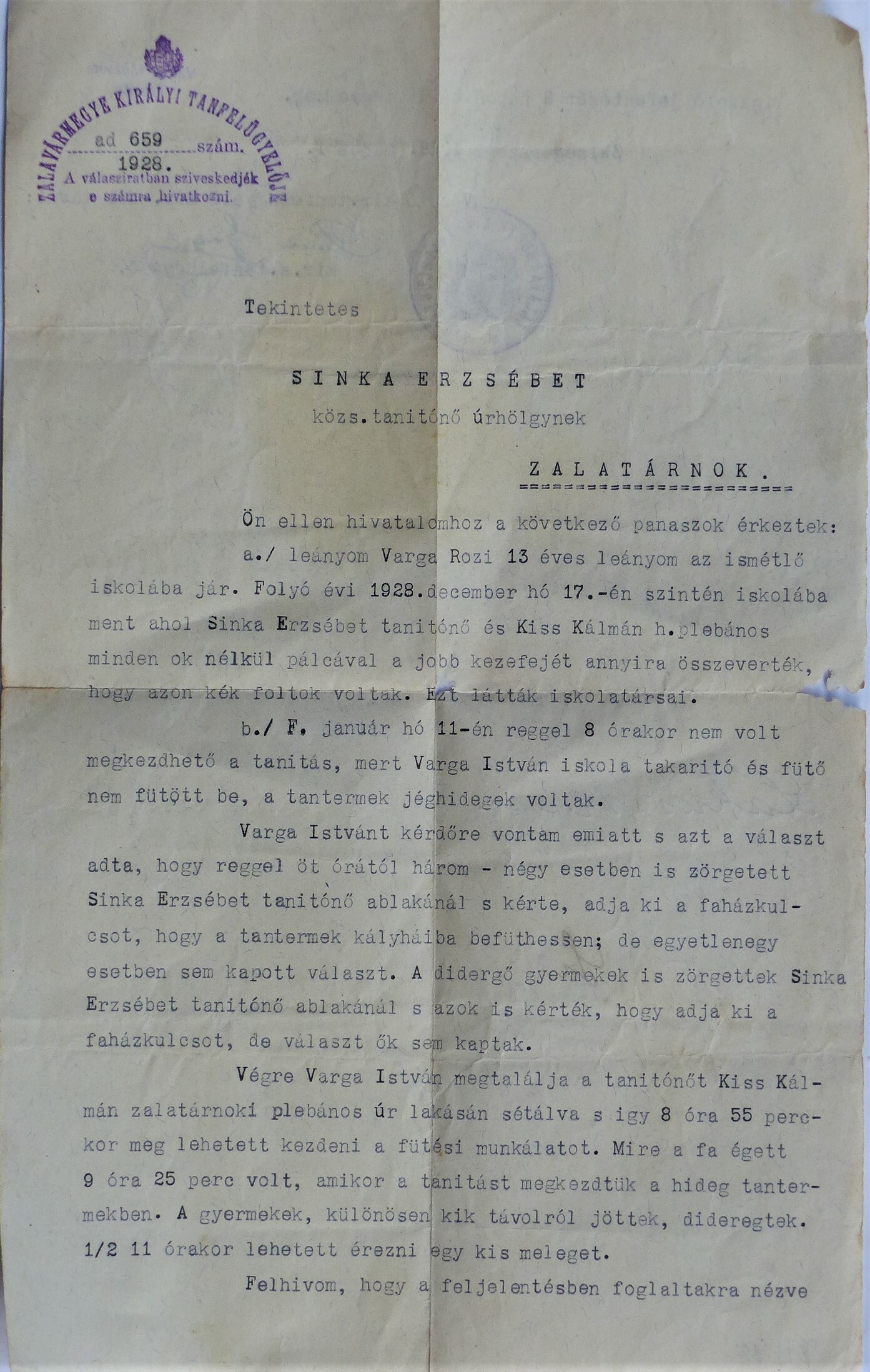 Feljelentés a zalatárnoki tanítónő ellen (Tapolcai Városi Múzeum CC BY-NC-SA)