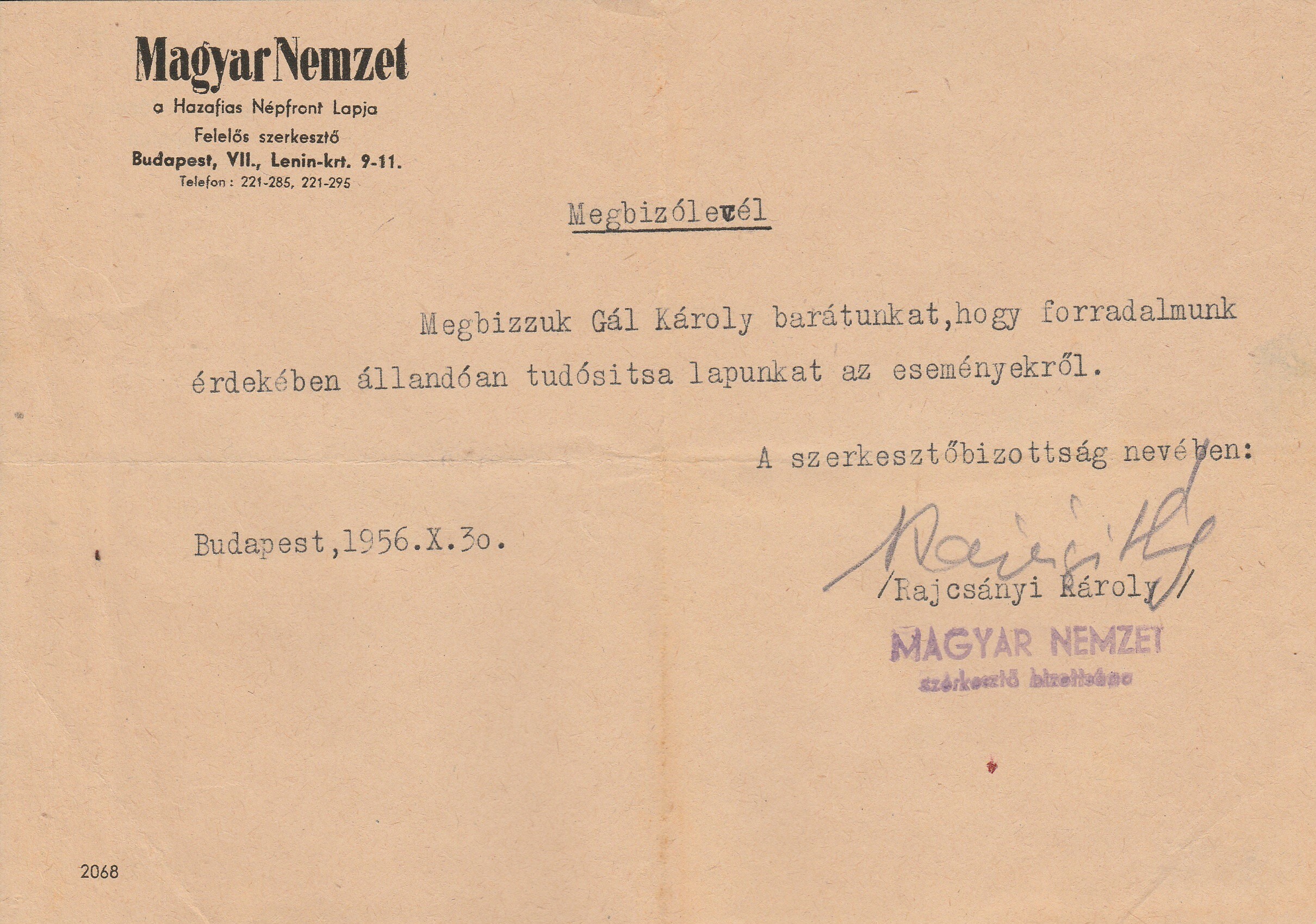 A Magyar Nemzet tudósítói megbízása Gaál Károly részére 1956 (Tapolcai Városi Múzeum CC BY-NC-SA)