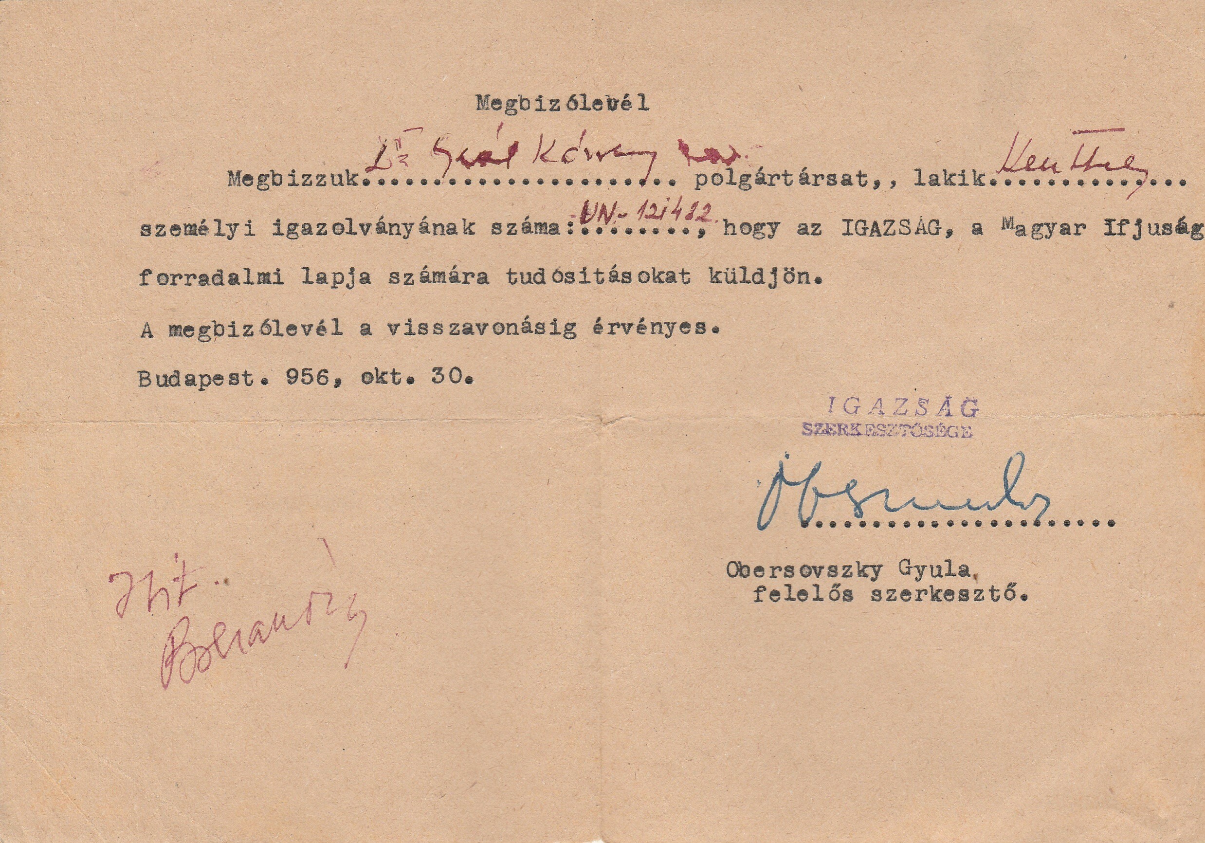 Az Igazság tudósítói megbízása Gaál Károly részére 1956 (Tapolcai Városi Múzeum CC BY-NC-SA)