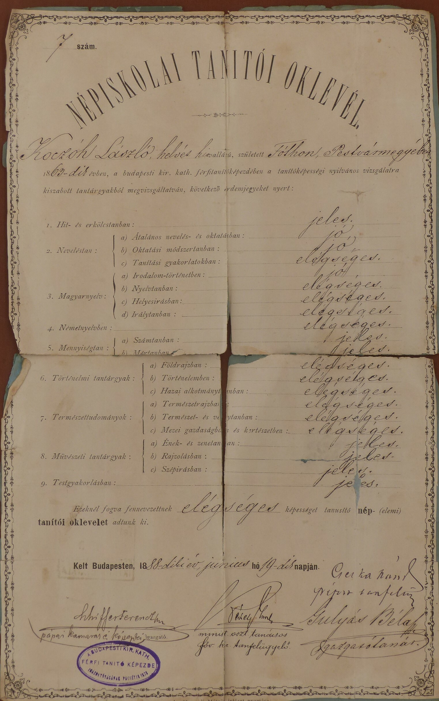 Népiskolai tanítói oklevél 1888-ból (Tapolcai Városi Múzeum CC BY-NC-SA)
