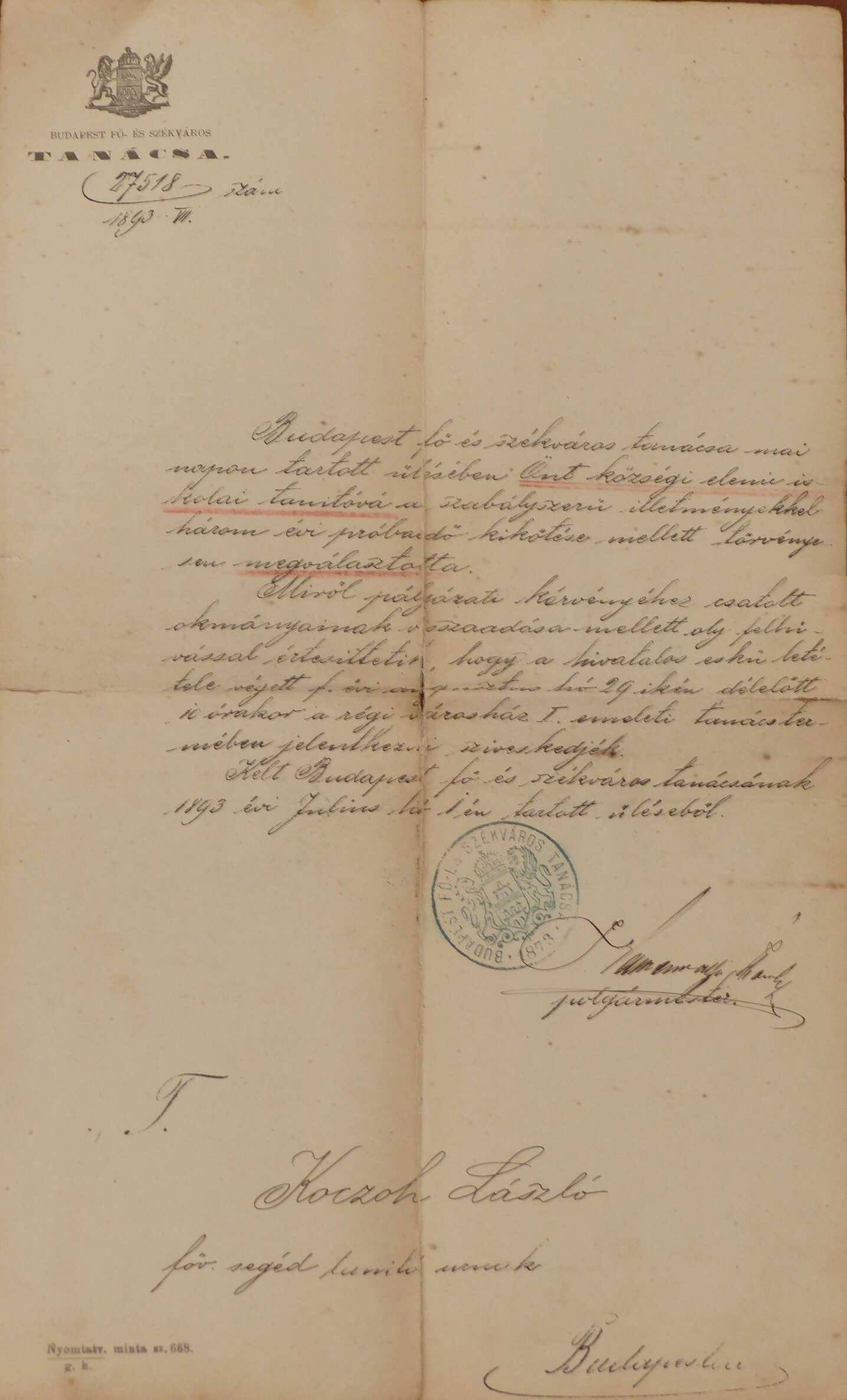 Értesítés Koczóh László részére tanítói kinevezéséről 1893 (Tapolcai Városi Múzeum CC BY-NC-SA)