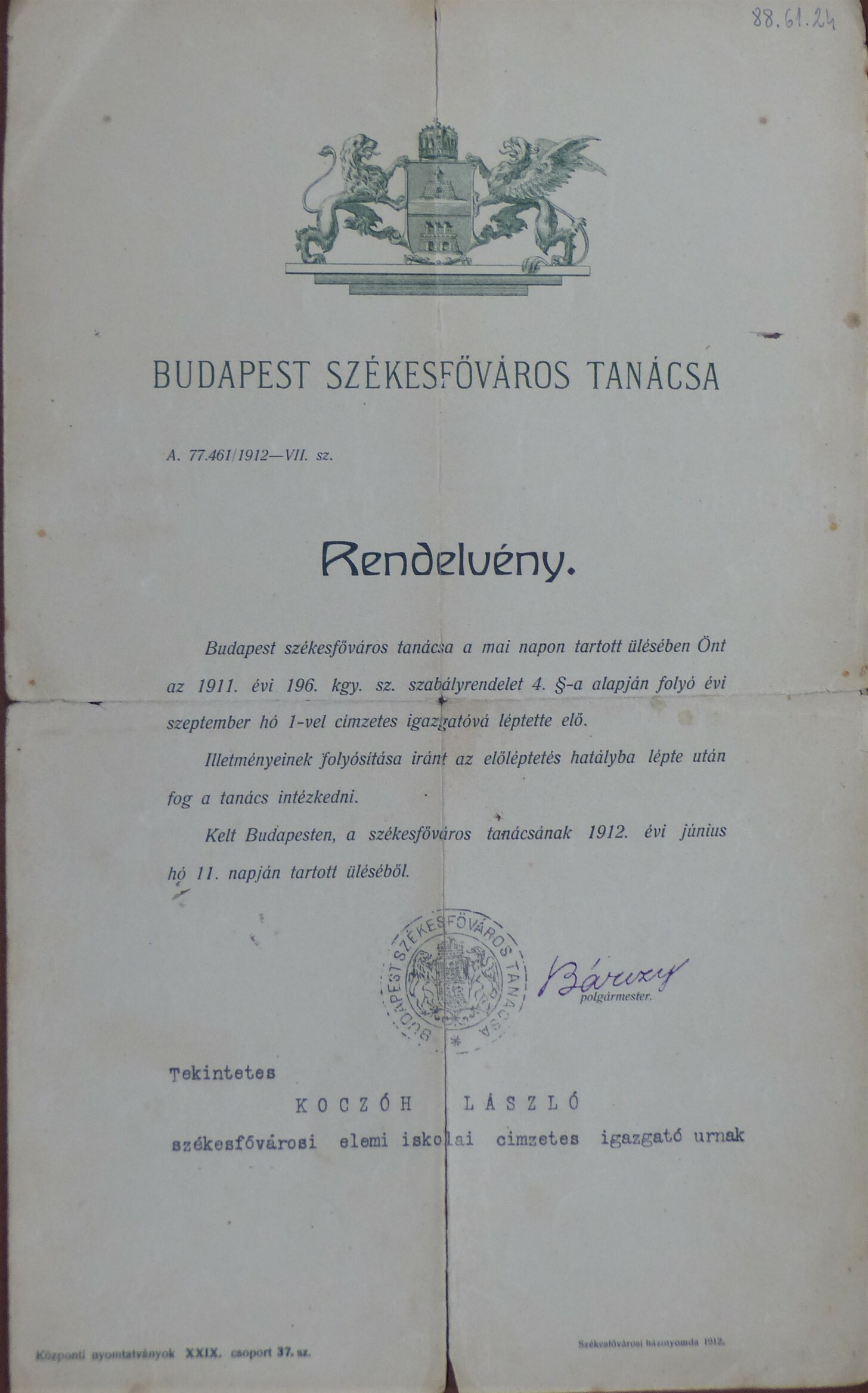 Címzetes igazgatói kinevezés Budapestről 1912 (Tapolcai Városi Múzeum CC BY-NC-SA)