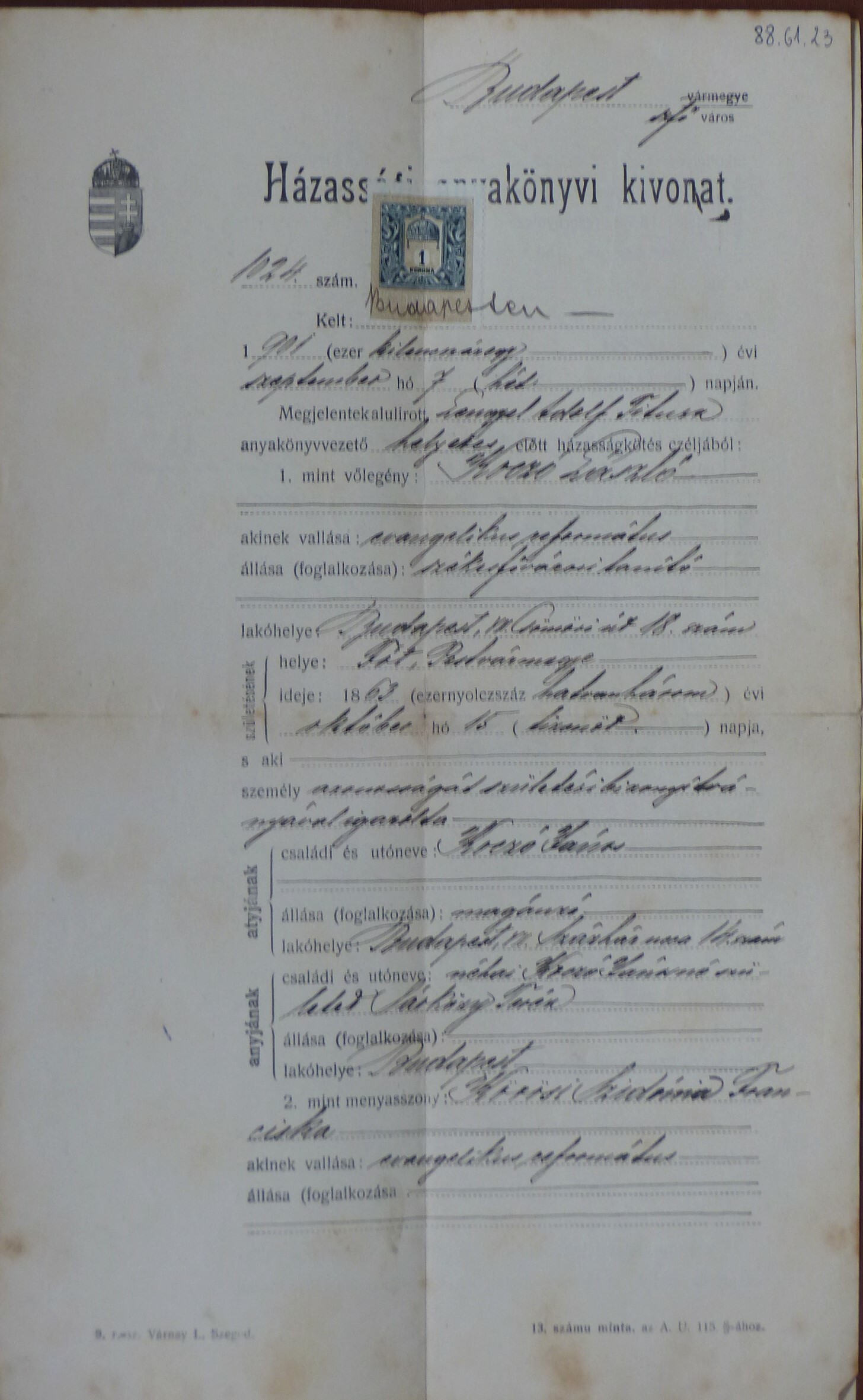 Házassági anyakönyvi kivonat 1912 (Tapolcai Városi Múzeum CC BY-NC-SA)