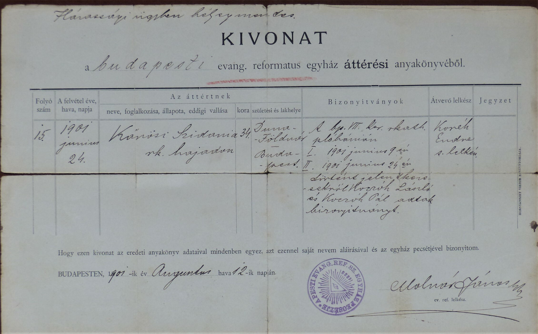 Áttérési anyakönyvi kivonat 1901 (Tapolcai Városi Múzeum CC BY-NC-SA)