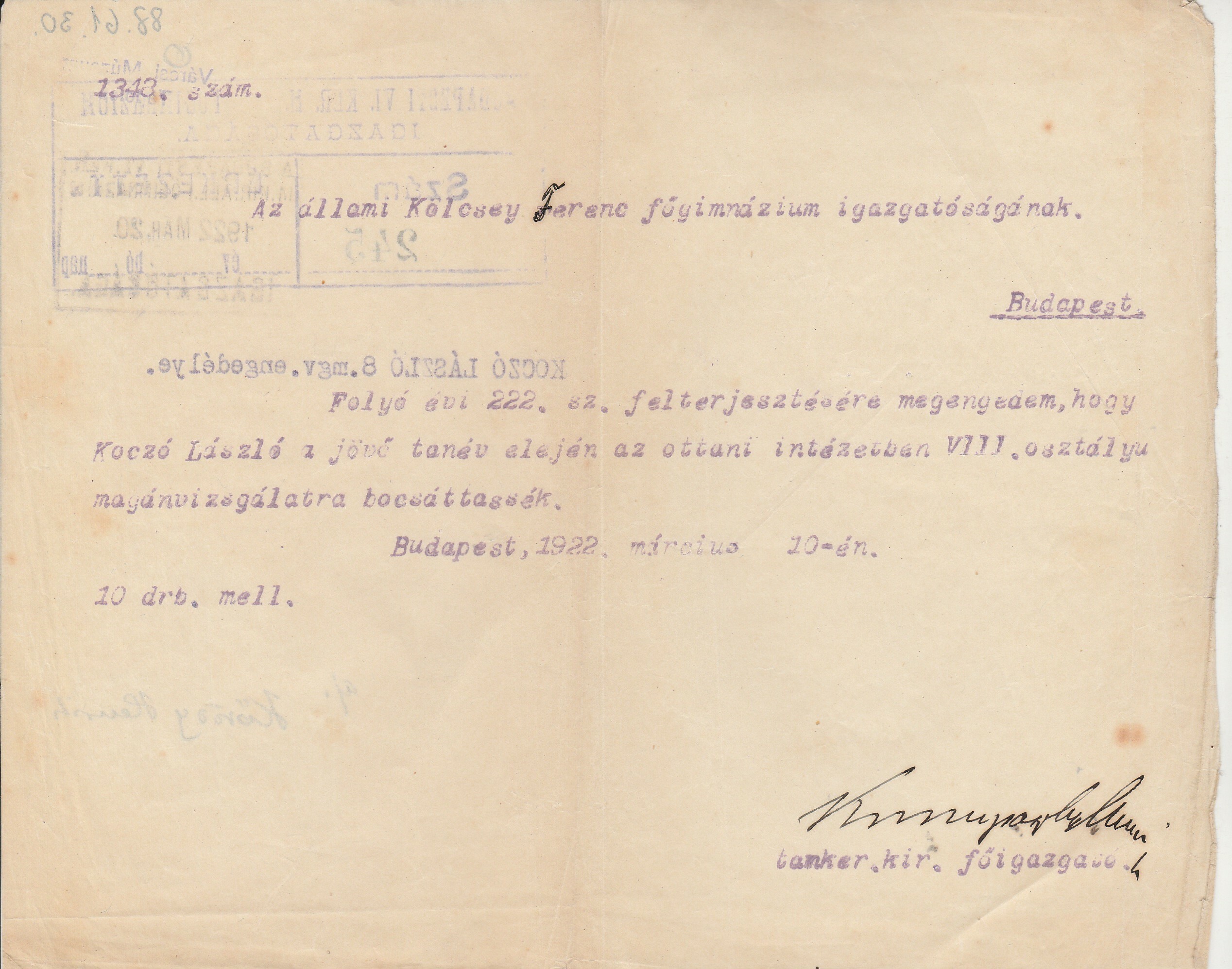 Magánvizsga engedélyezése (Tapolcai Városi Múzeum CC BY-NC-SA)