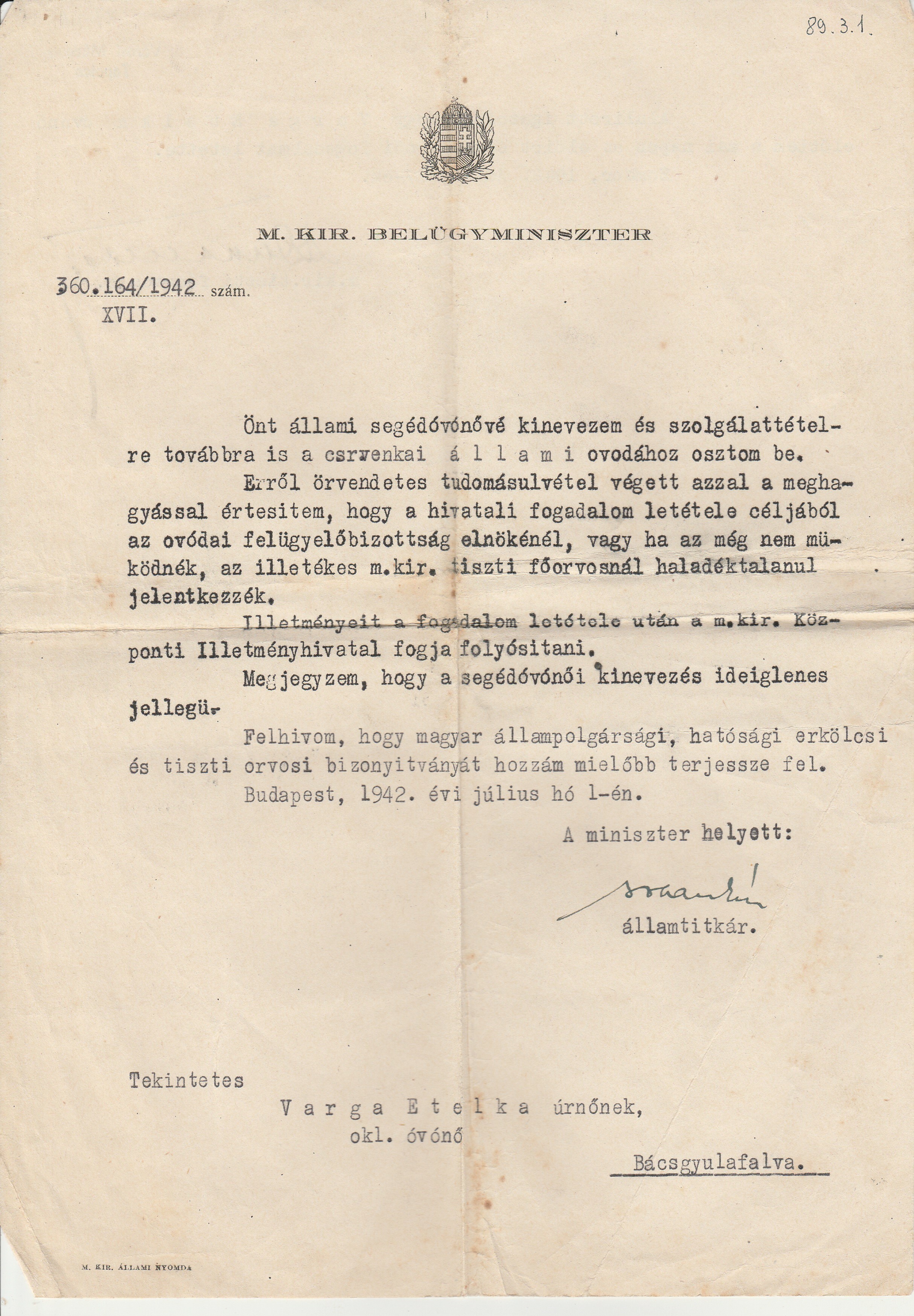 Segédóvónői kinevezés Cservenkára (Tapolcai Városi Múzeum CC BY-NC-SA)