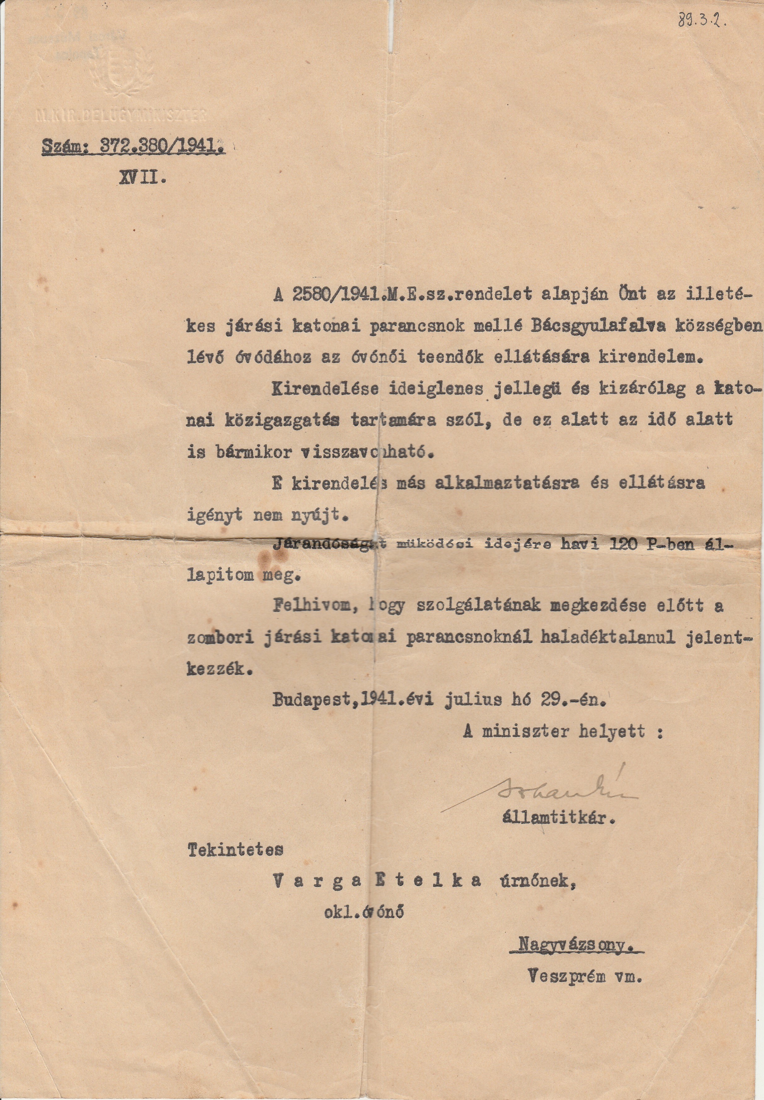 Óvónői kinevezés Bácsgyulafalvára (Tapolcai Városi Múzeum CC BY-NC-SA)