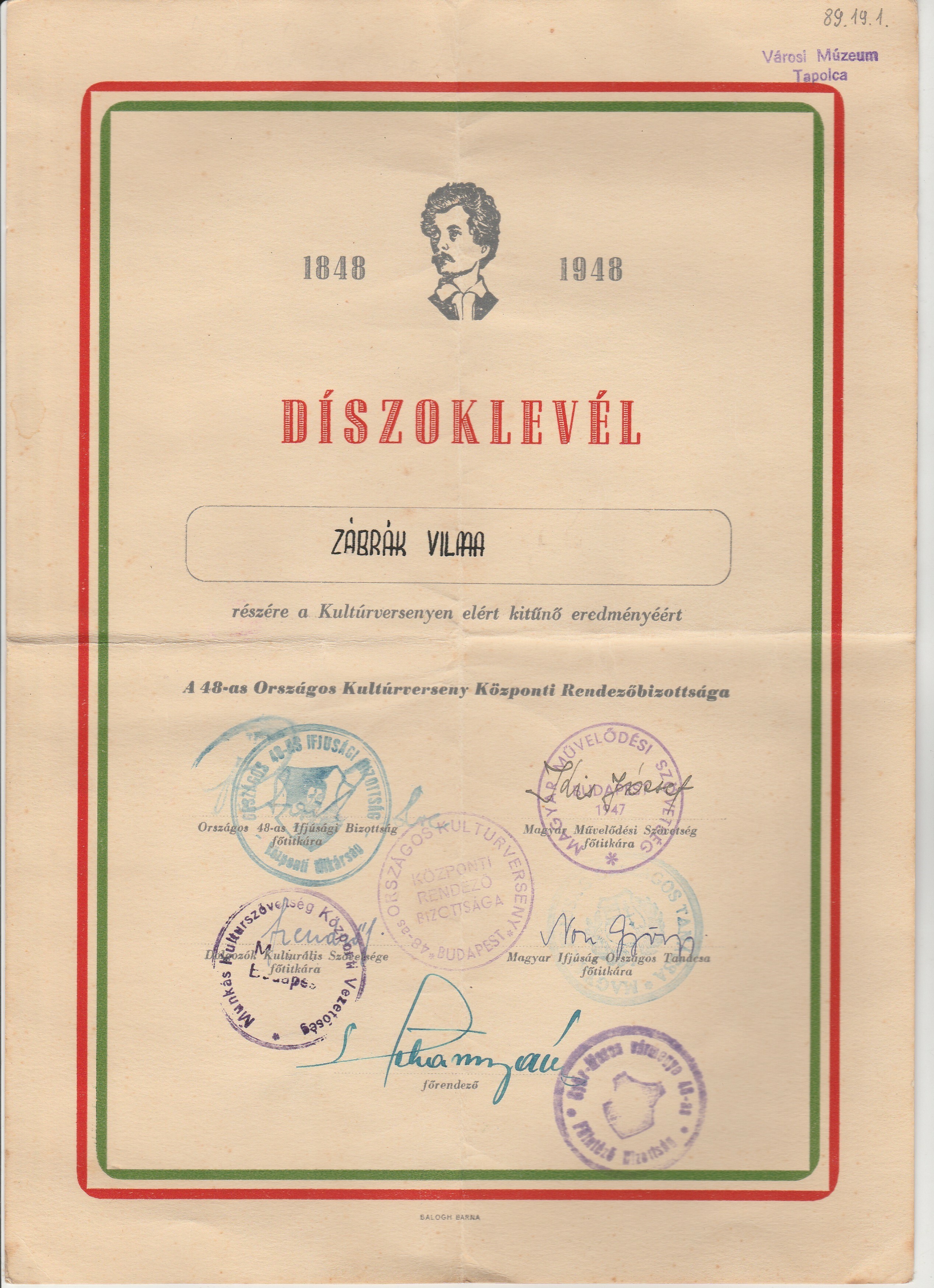 Díszoklevél a 48-as Kultúrversenyen elért eredményért (Tapolcai Városi Múzeum CC BY-NC-SA)