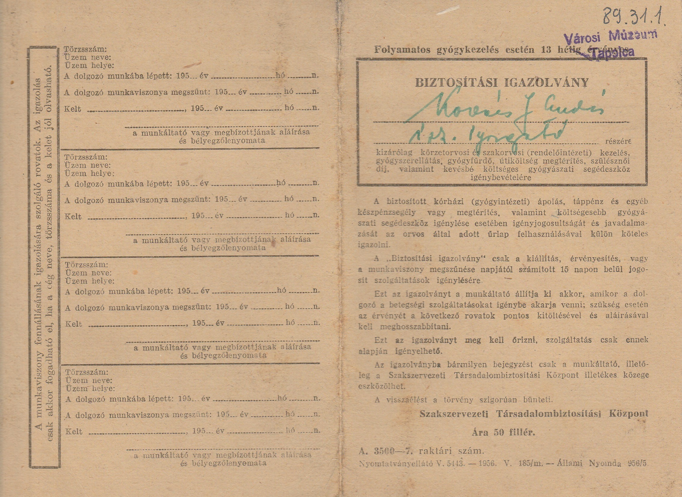 Biztosítási igazolvány 1957-ből (Tapolcai Városi Múzeum CC BY-NC-SA)