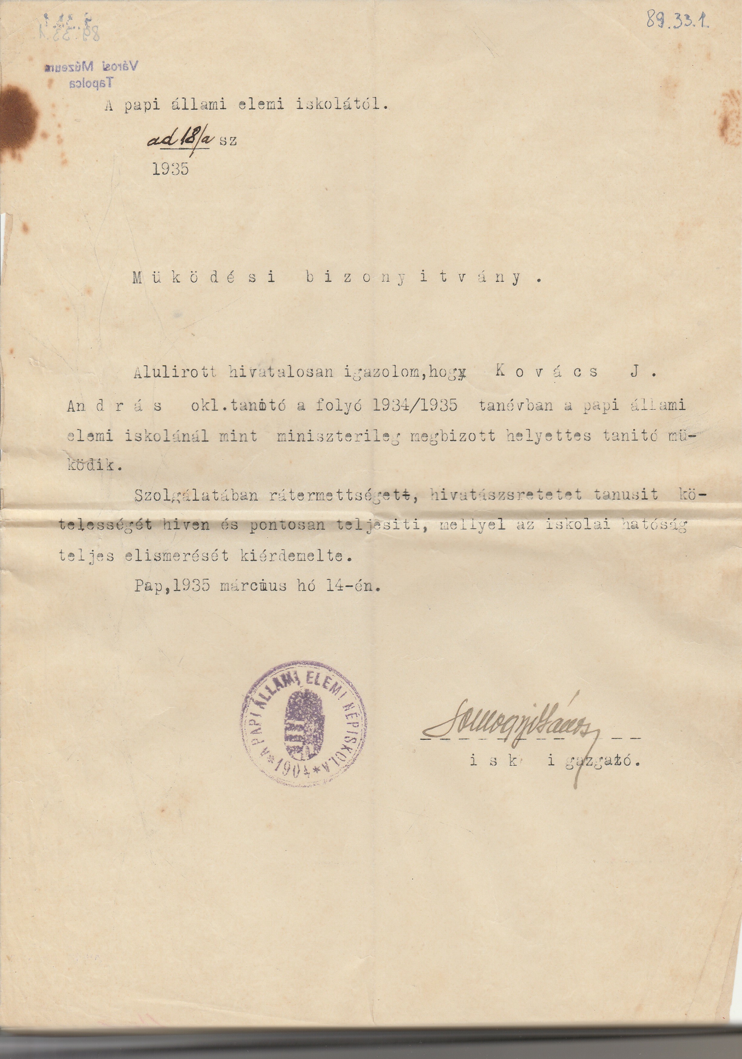 Tanítói működési bizonyítvány Papról (Tapolcai Városi Múzeum CC BY-NC-SA)