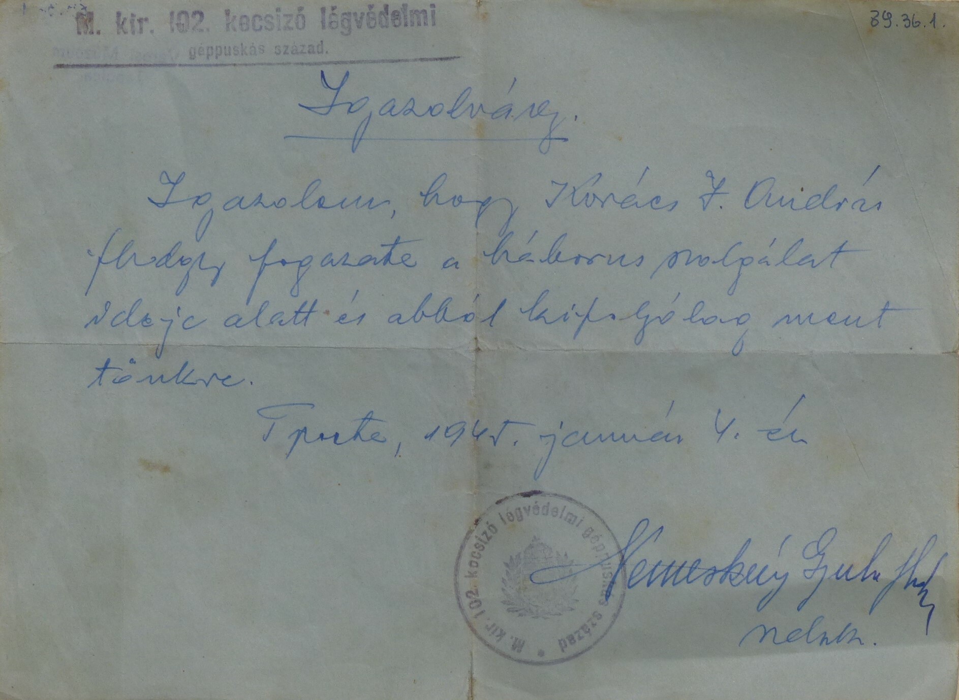 Igazolás katonai szolgálat alatt bekövetkezett fogromlásról (Tapolcai Városi Múzeum CC BY-NC-SA)