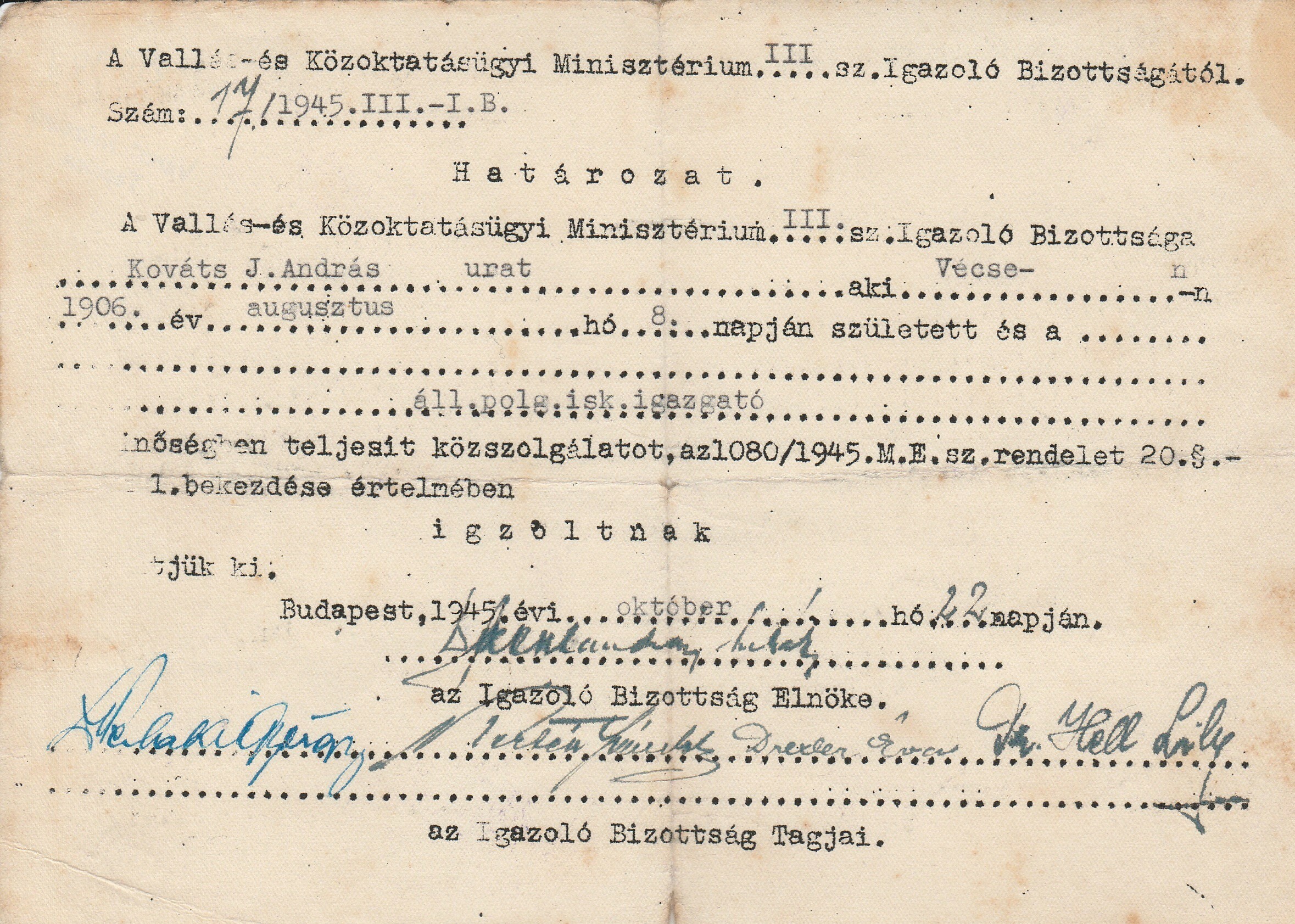 Igazolóbizottsági határozat Kovács J. András részére 1945 (Tapolcai Városi Múzeum CC BY-NC-SA)