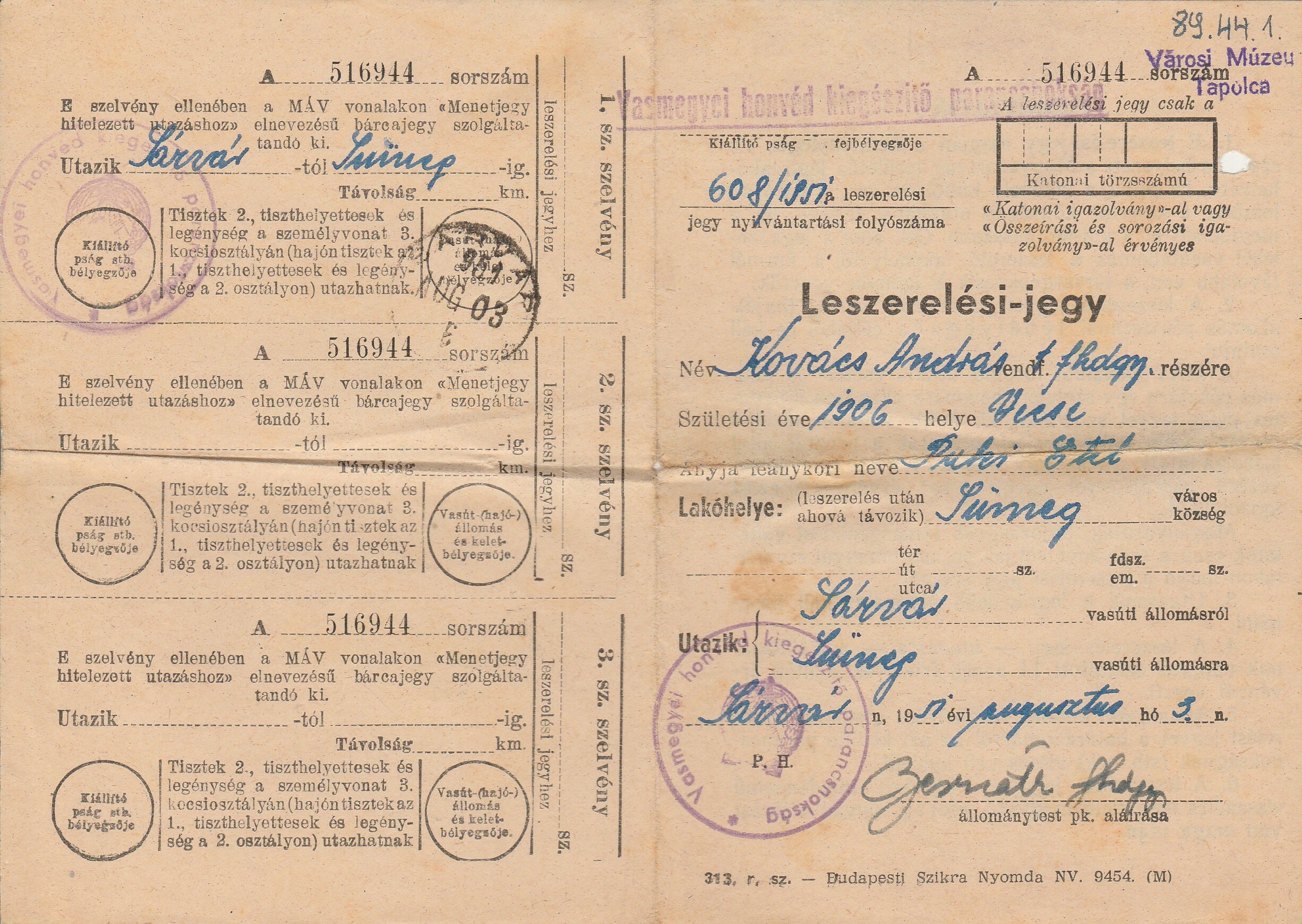 Leszerelési jegy 1951 (Tapolcai Városi Múzeum CC BY-NC-SA)