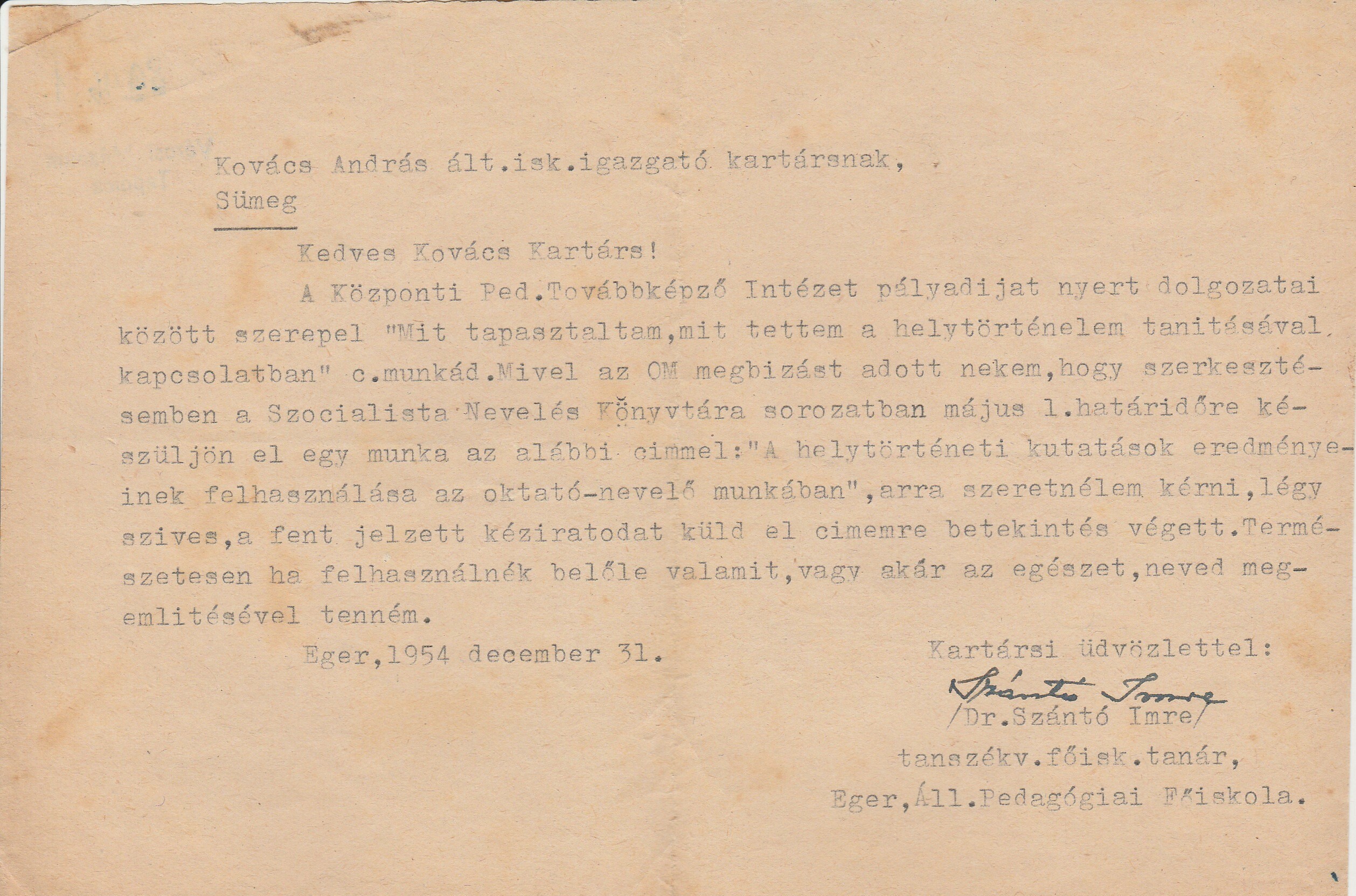 Szántó Imre egri tanszékvezető levele Kovács J. Andrásnak (Tapolcai Városi Múzeum CC BY-NC-SA)