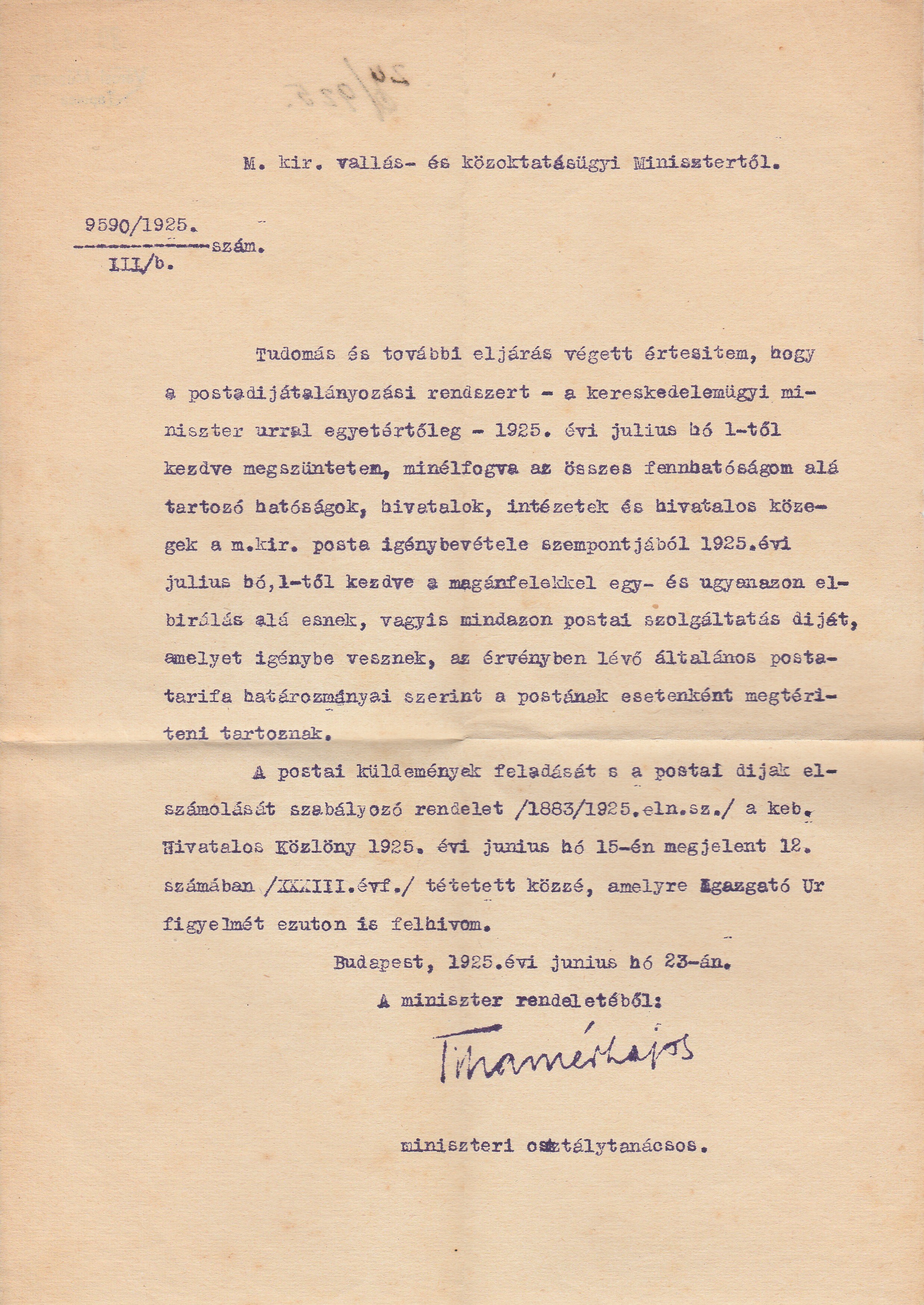Intézmények értesítése postadíj-átalányozás megszűnéséről (Tapolcai Városi Múzeum CC BY-NC-SA)