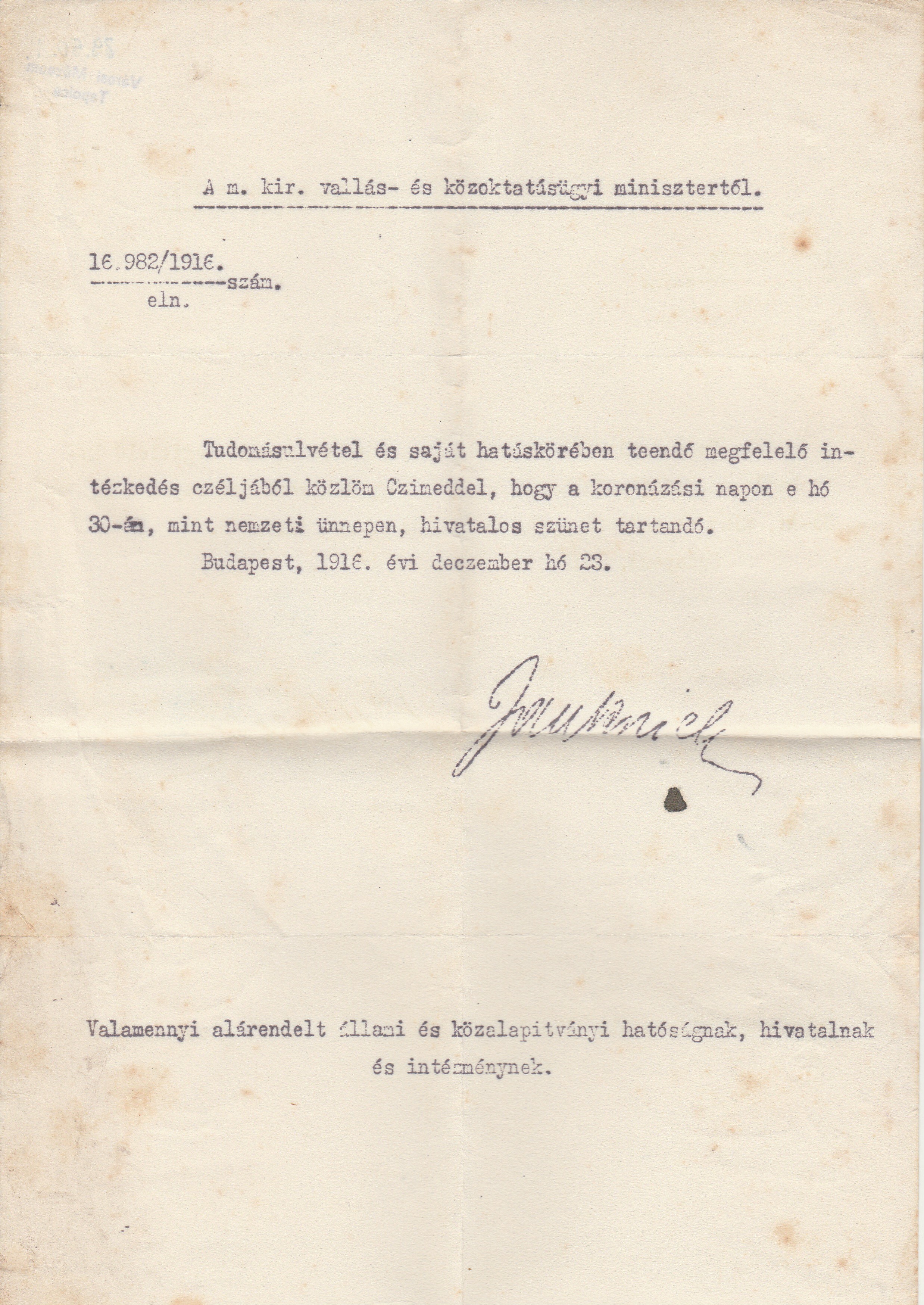 Értesítés a koronázási nap iskolai szünetté nyilvánításáról 1916 (Tapolcai Városi Múzeum CC BY-NC-SA)