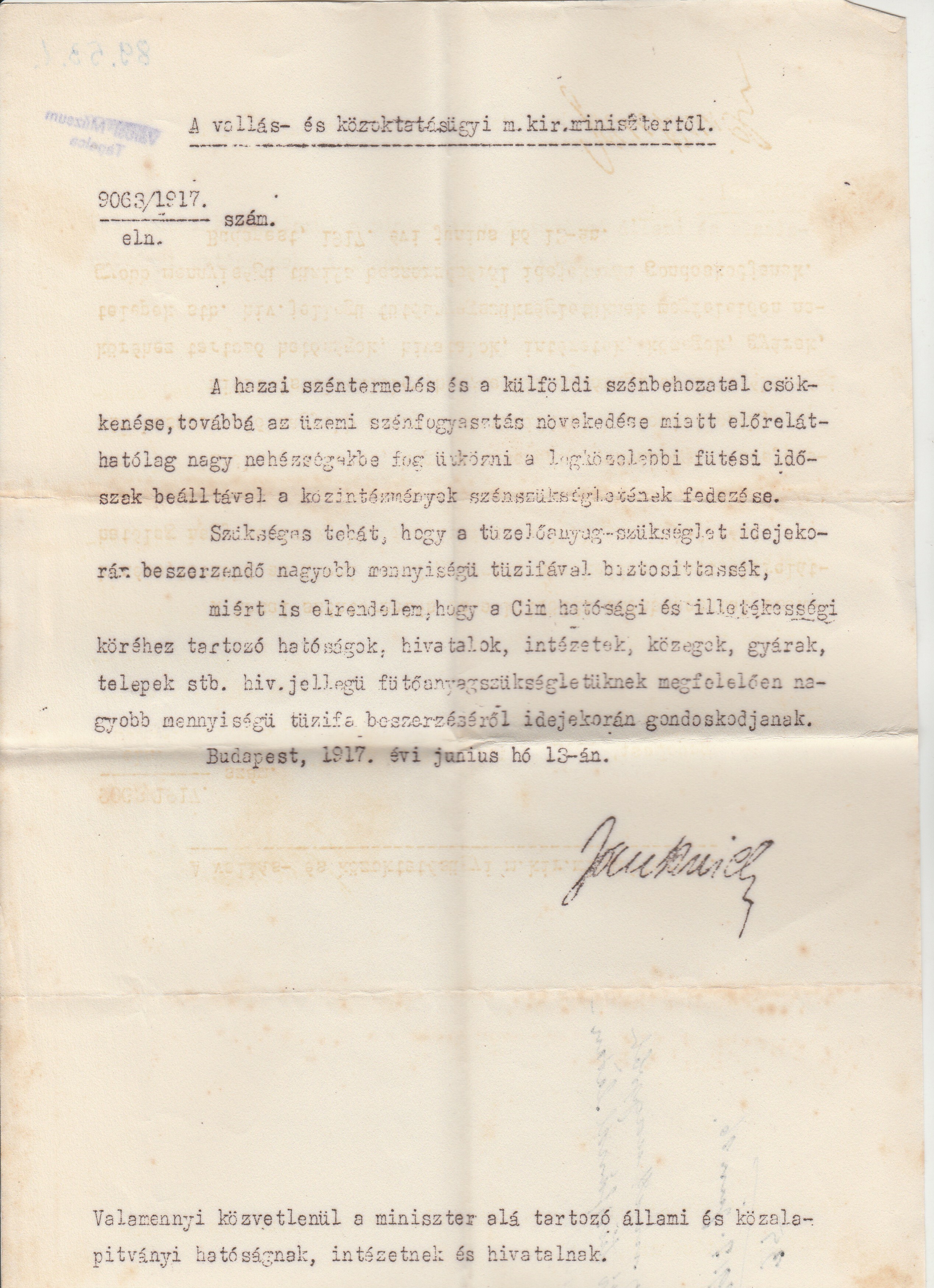 A M. Kir. Vallás- és Közoktatásügyi Minisztérium felhívása tüzelő beszerzésére (Tapolcai Városi Múzeum CC BY-NC-SA)