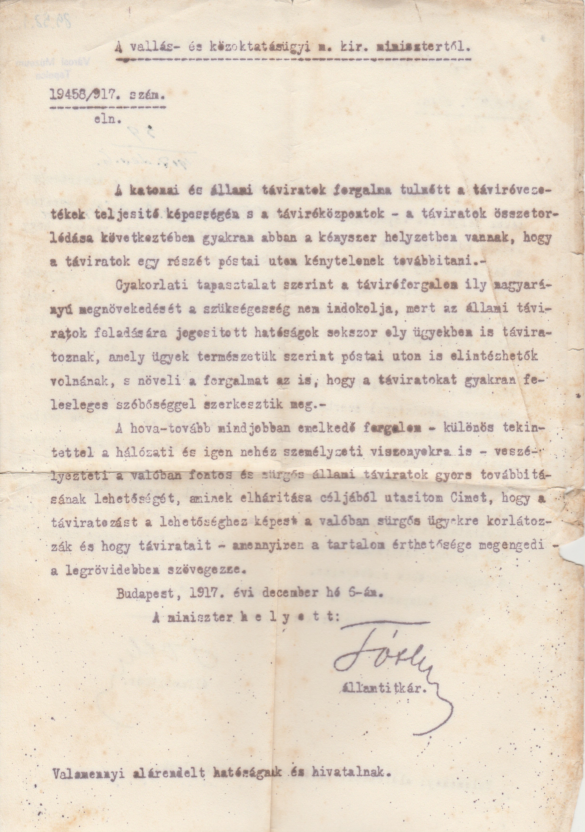 A Vallás- és Közoktatásügyi Minisztérium felhívása az állami távbeszélgetések minimalizálására (Tapolcai Városi Múzeum CC BY-NC-SA)