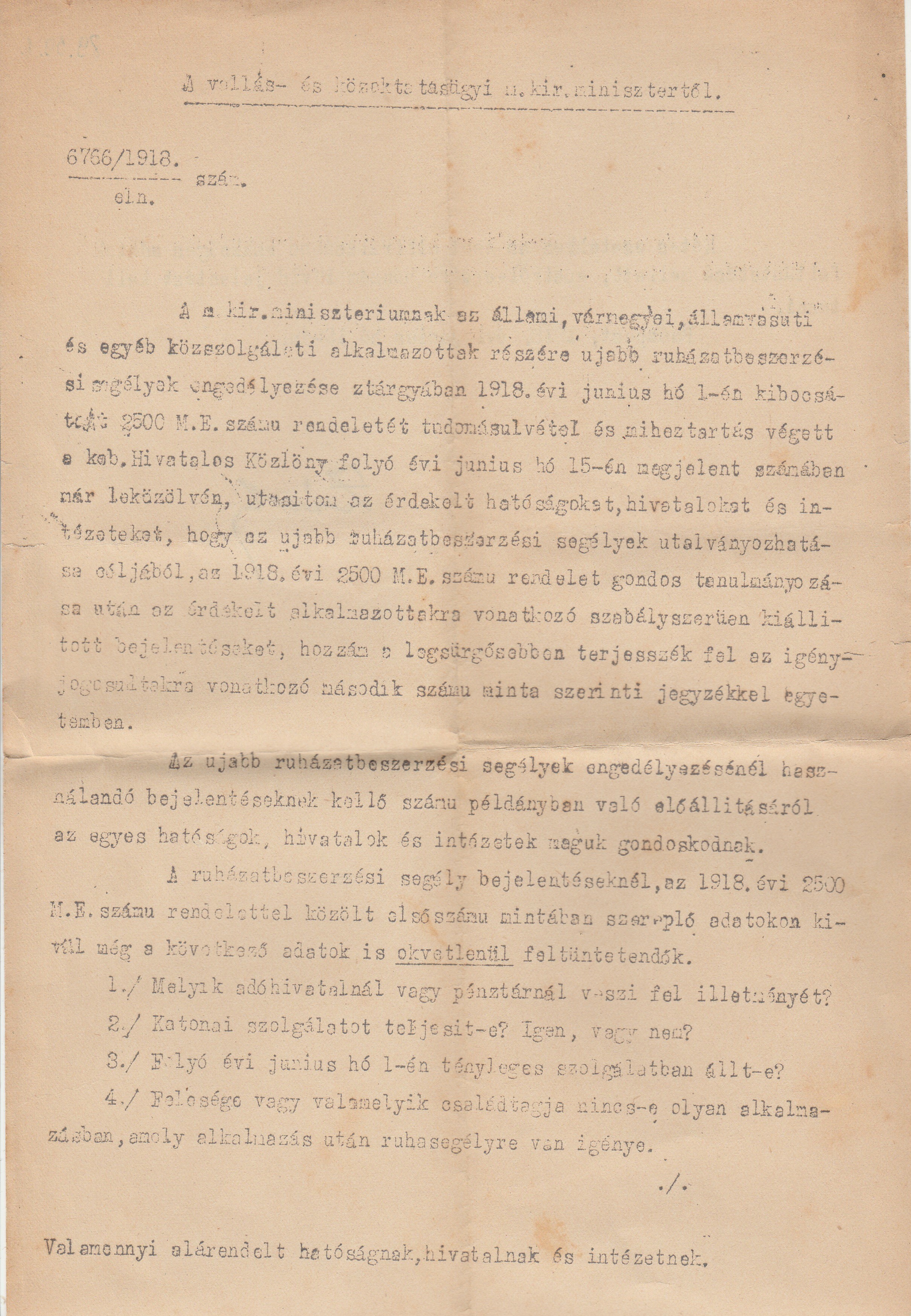 A Vallás- és Közoktatásügyi Minisztérium tájékoztatása ruhasegély ügyében (Tapolcai Városi Múzeum CC BY-NC-SA)