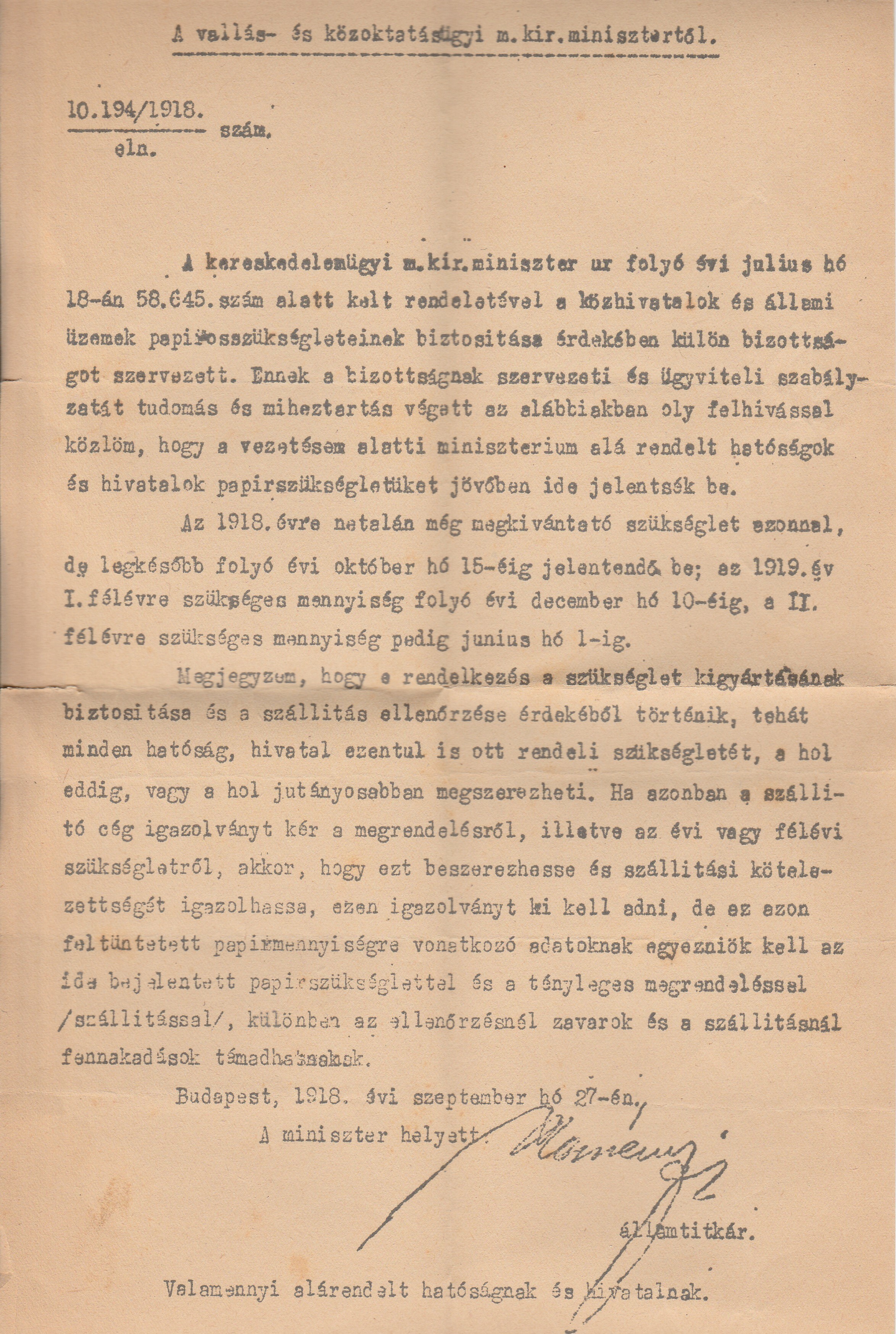 Papírszükséglet bejelentési kötelezettségére vonatkozó minisztériumi levél (Tapolcai Városi Múzeum CC BY-NC-SA)