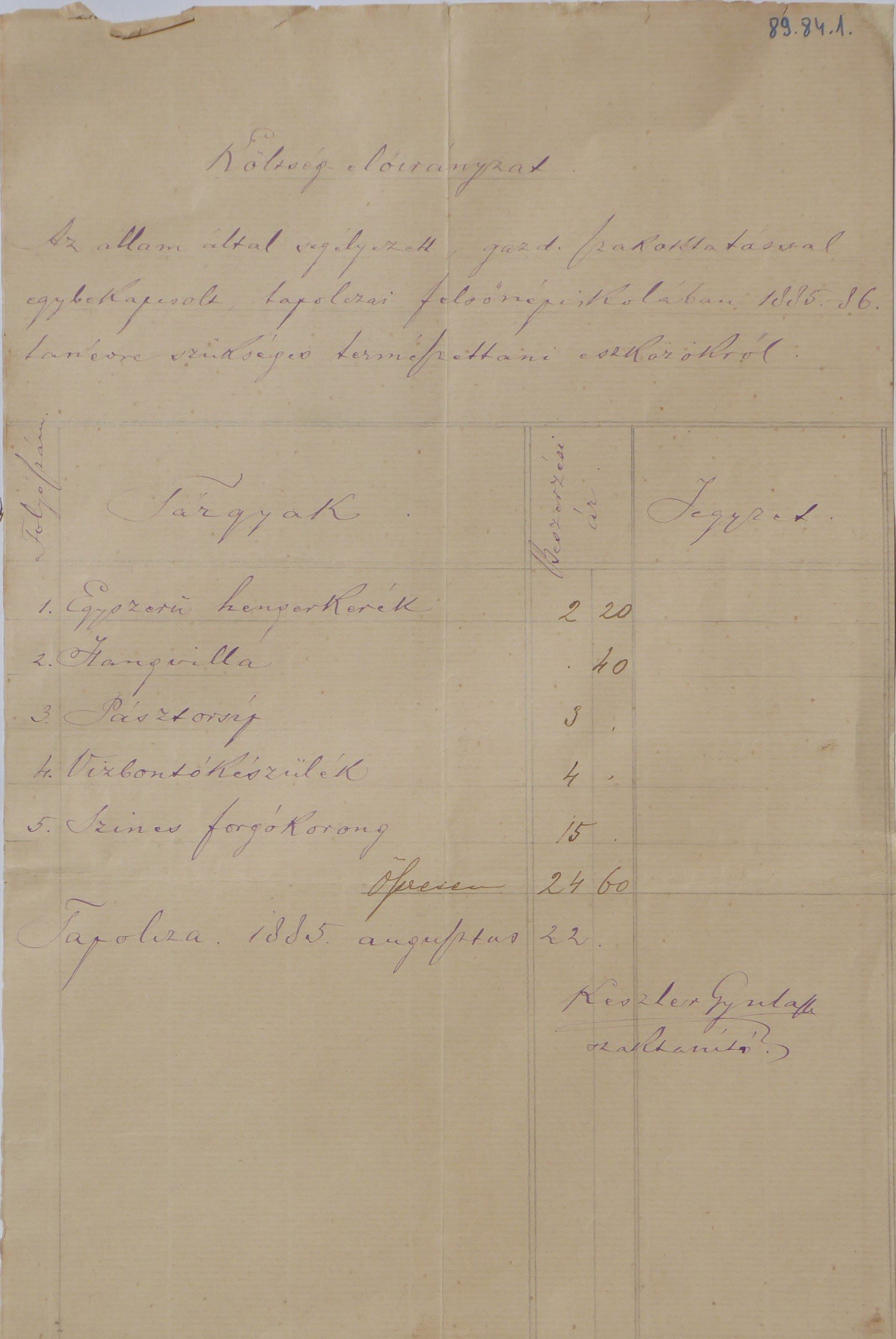 Tapolcai felsőbb népiskola és gazdasági iskola költség előirányzata 1885-86 (Tapolcai Városi Múzeum CC BY-NC-SA)