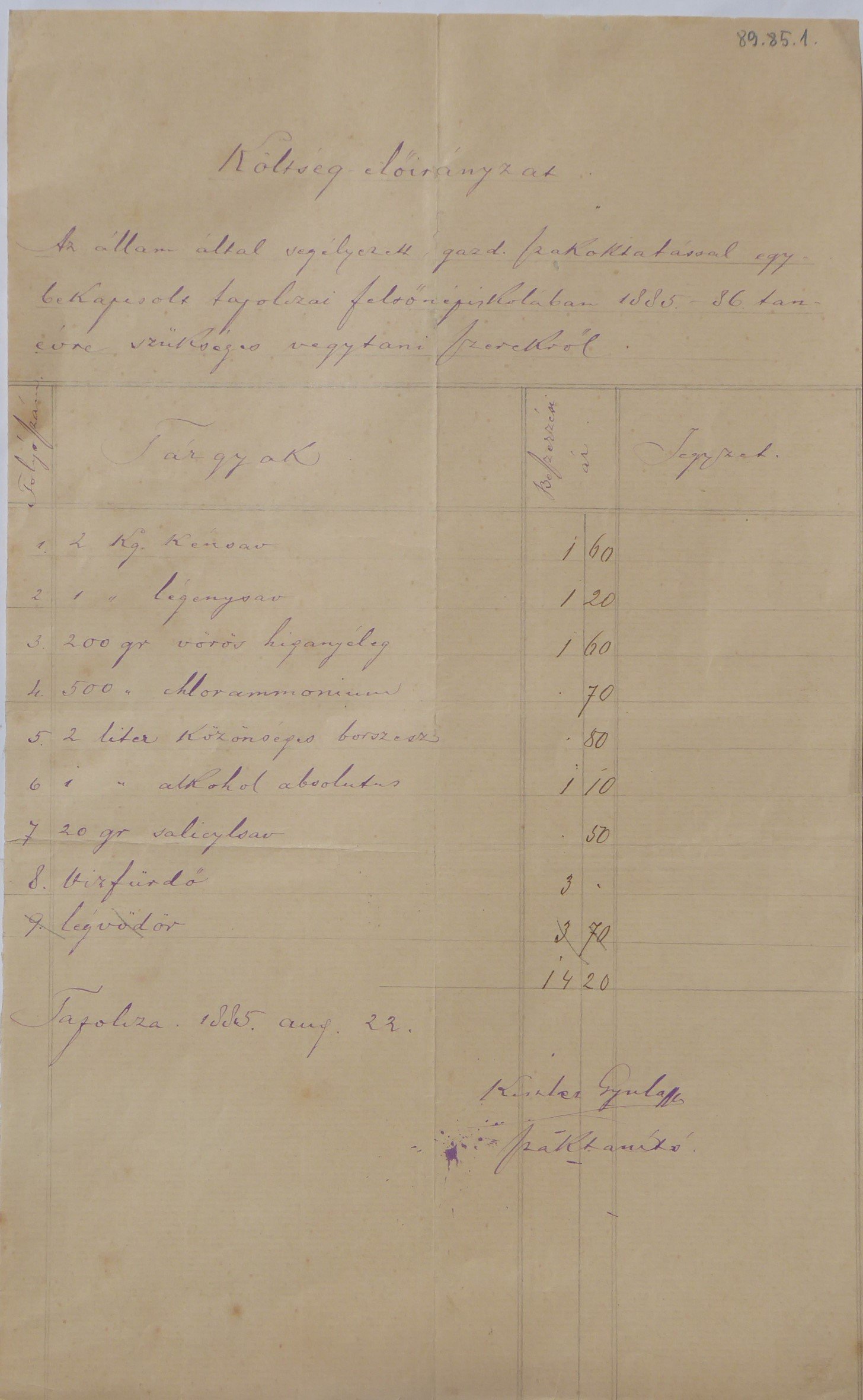 Tapolcai felsőbb népiskola és gazdasági iskola vegytani költség előirányzata 1885-86 (Tapolcai Városi Múzeum CC BY-NC-SA)
