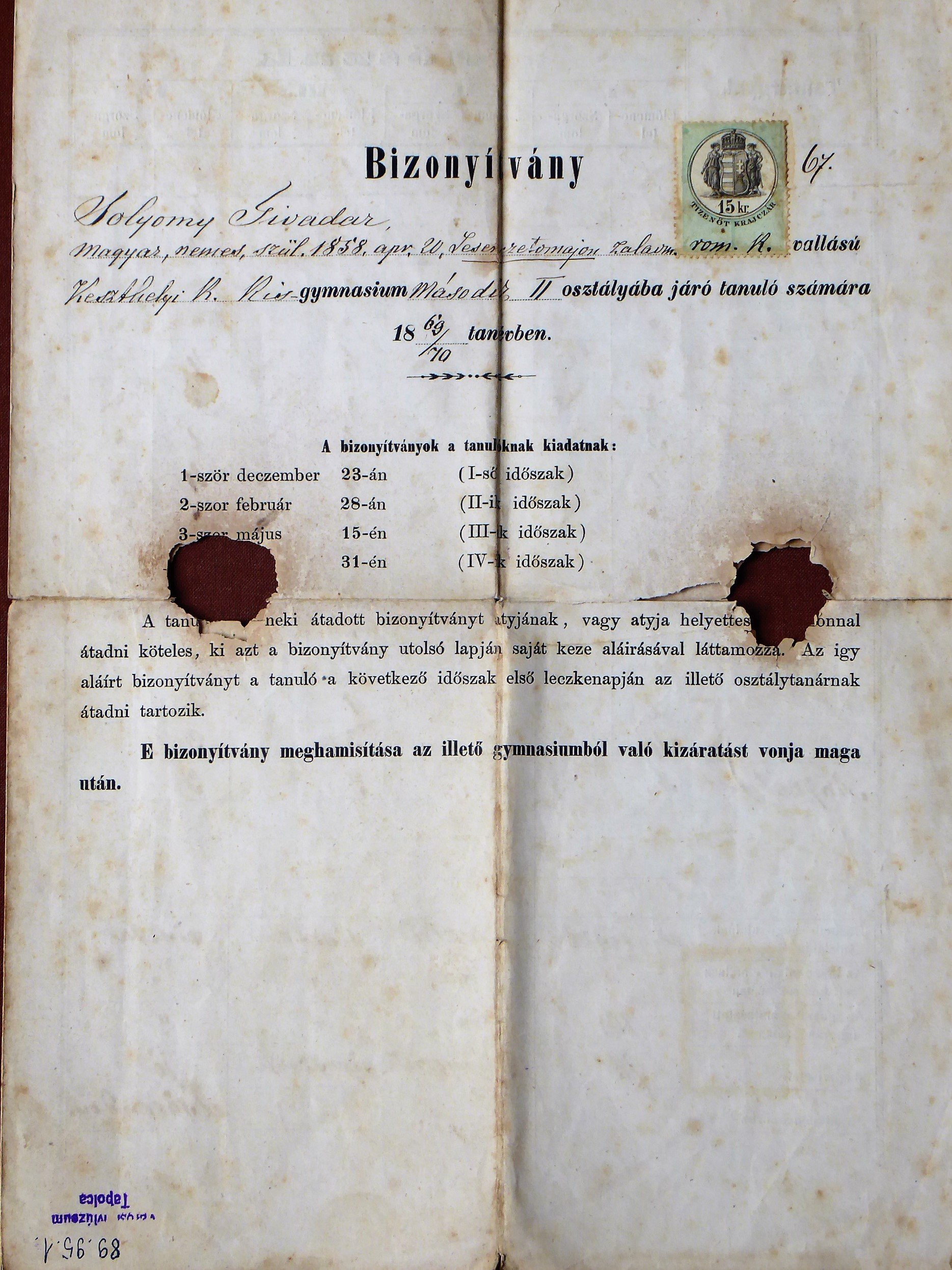 Gimnáziumi bizonyítvány Keszthelyről 1869-70 (Tapolcai Városi Múzeum CC BY-NC-SA)